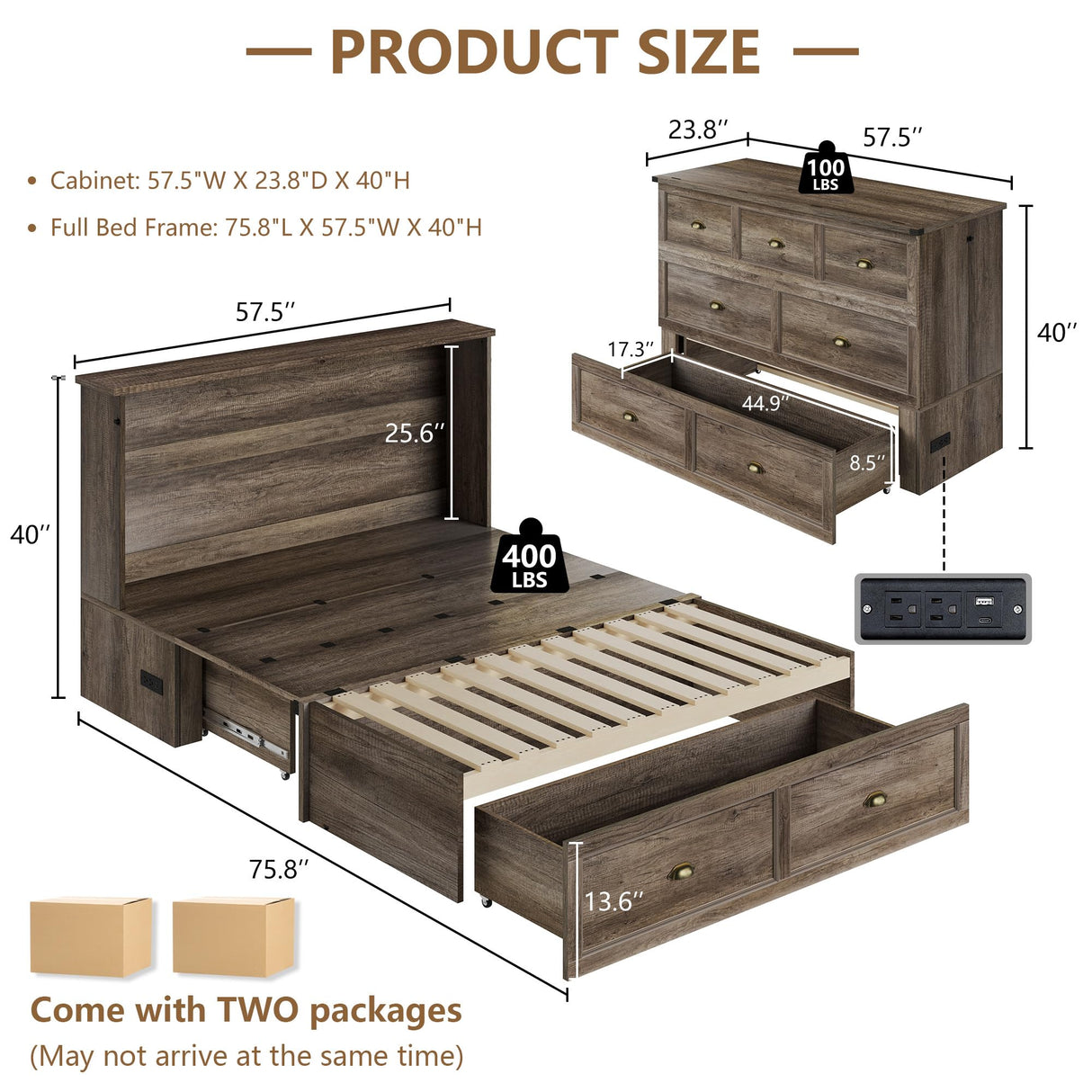 AMERLIFE Full Size Murphy Bed, Farmhouse Wooden Cabinet with Charging Station and Storage Drawer for Bedroom/Office/Guest Room, Grey Oak AMERLIFE