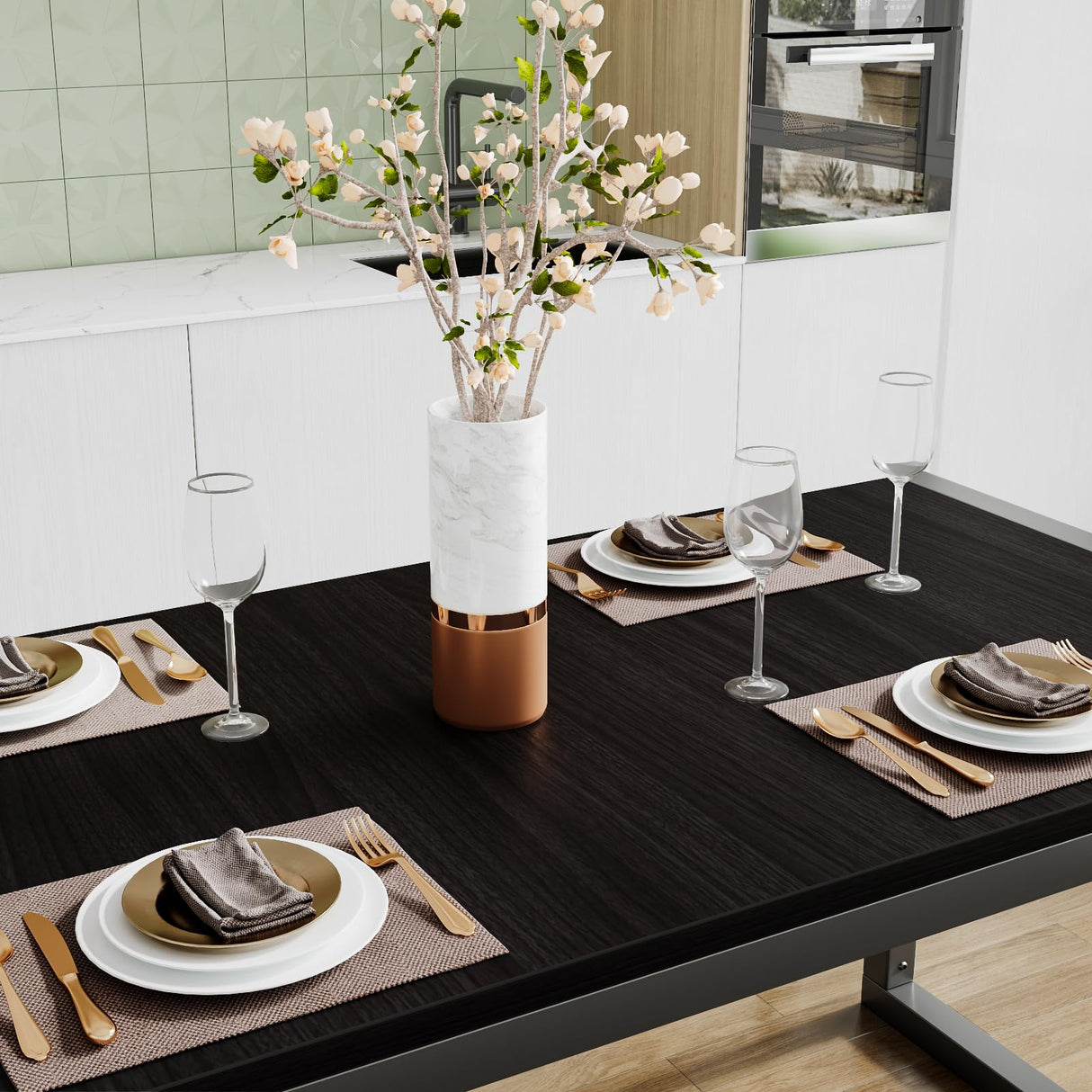 SHA CERLIN Kitchen Dining Table Set for 4 with Benches, Rustic Small Space Saving Dinette, Heavy Duty Metal Frame SHA CERLIN