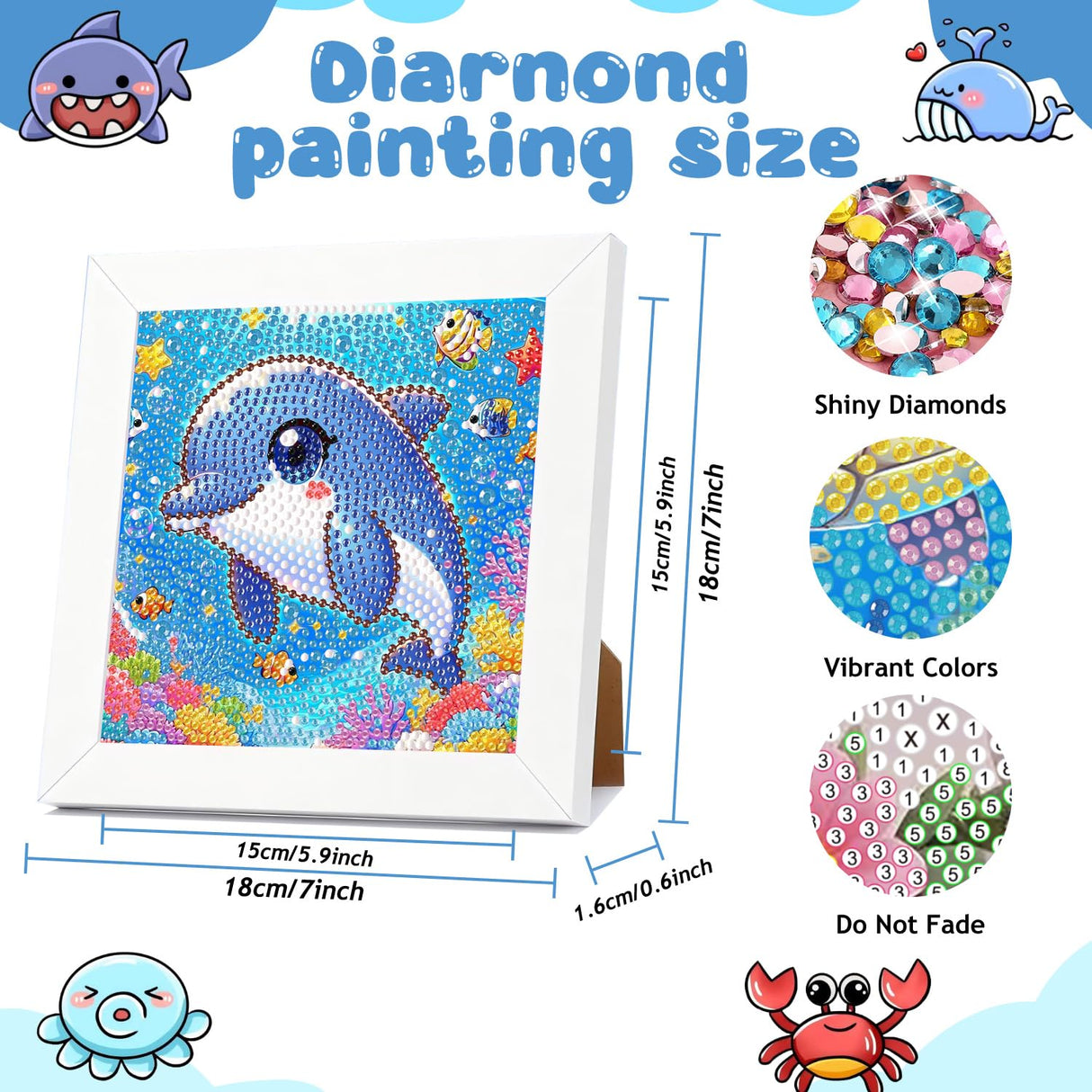 Reivworl Dolphin Diamond Art Kits for Kids, Dolphin Diamond Painting Kits for Kids, Gem Art Ages 4-8-12 for Gifts and Decor (8x8 Inch) Reivworl
