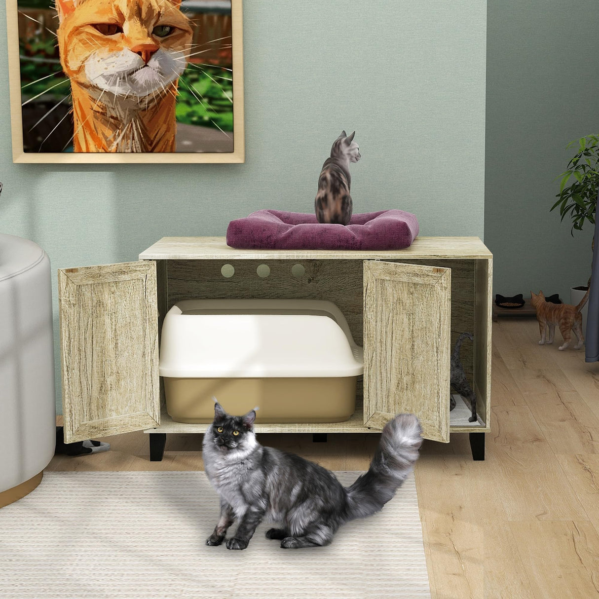 TaoHFE Hidden Cat Litter Box Enclosure Furniture with Cats Scratch Pad Farmhouse Enclosed Cat Litter Boxes Cabinet Furniture with Doors Wooden Indoor Cats Box House,Oak TaoHFE
