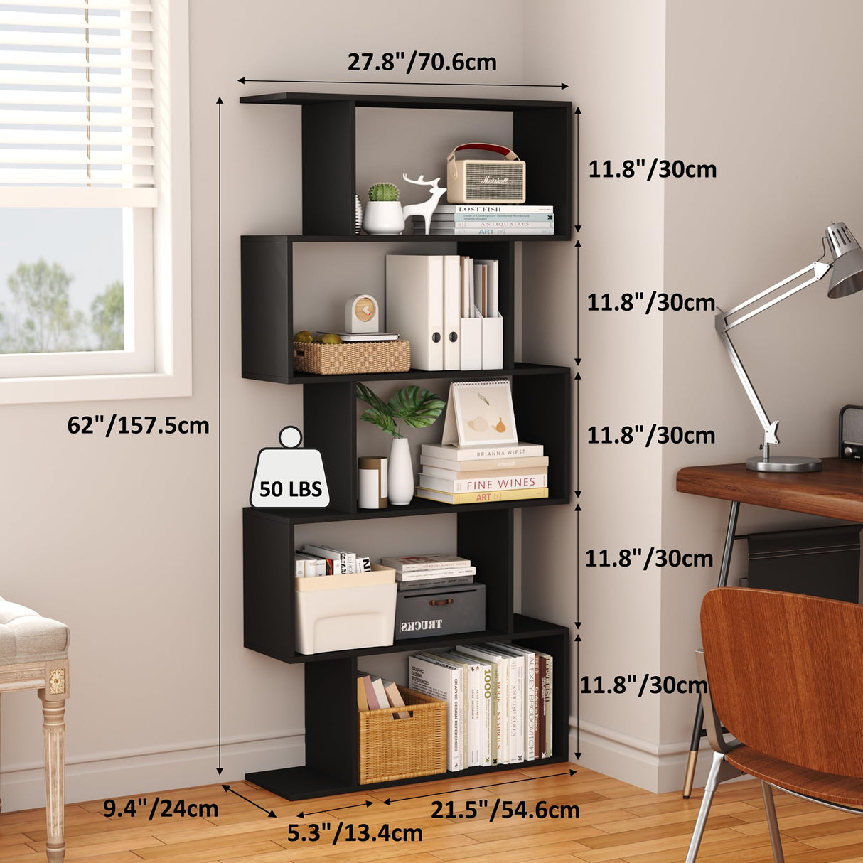 Yusong Bookshelf 5-Tier, Geometric Bookcase S Shaped Book Shelves for Bedroom, Modern Wood Decorative Display Shelf Book Case for Home Office, Black Yusong