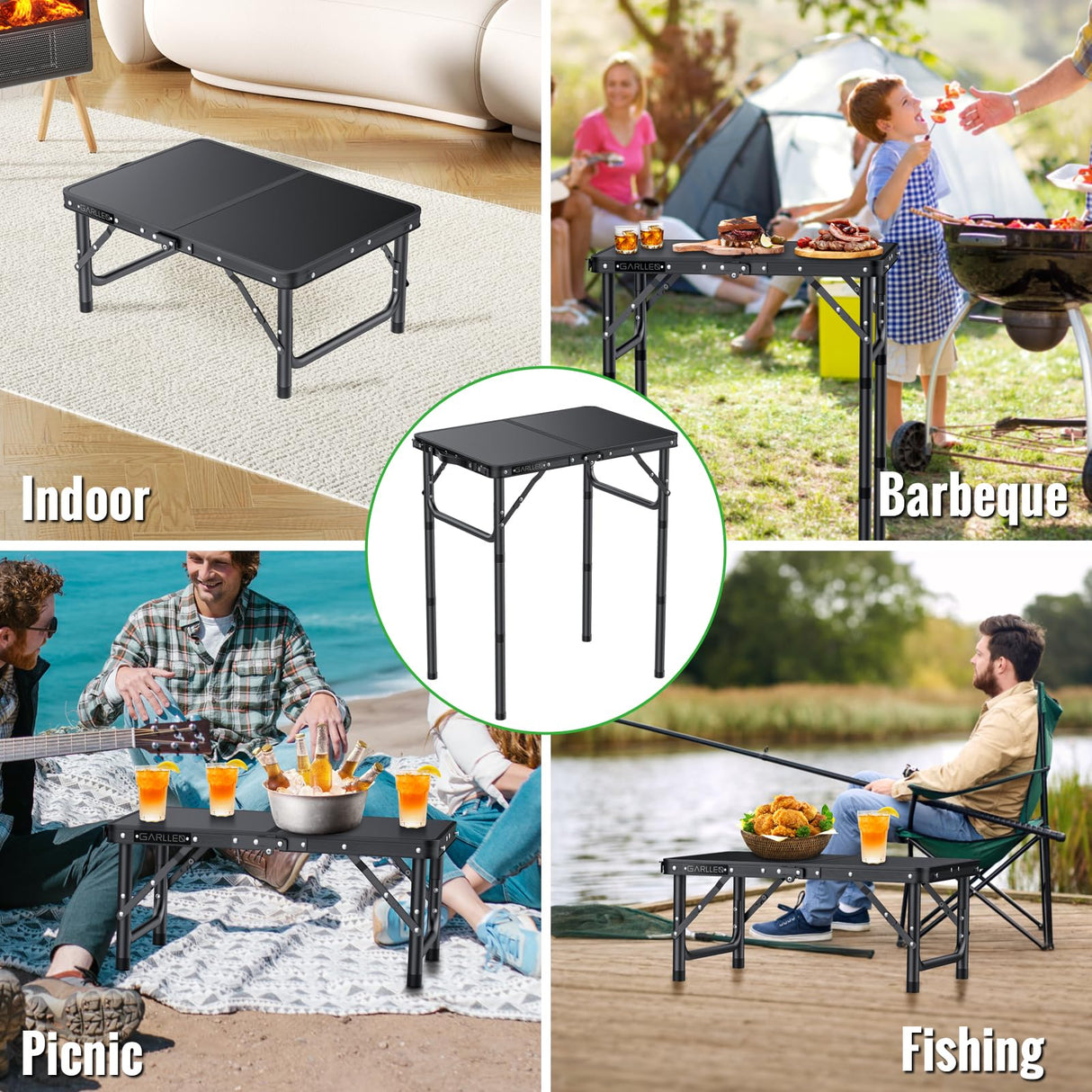 GARLLEN 2ft Folding Camping Table, 3 Adjustable Height Lightweight Picnic Table, Portable Aluminum Grill Table (22.8" L x 15.7" W) for Outdoor, Camping, BBQ, Black GARLLEN