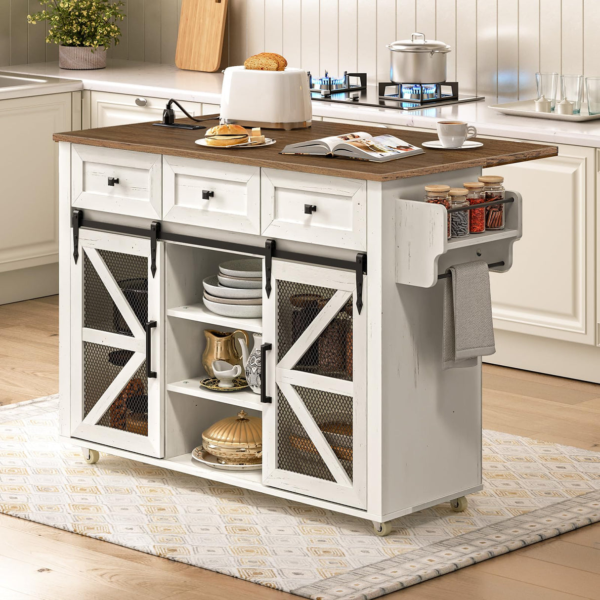 RALGEND Kitchen Island with Storage, Kitchen Cart with Charging Station, Rolling Kitchen Island Table with Drop-Leaf, 3 Drawers, Barn Doors, Towel Rack and Spice Rack, White and Walnut RALGEND