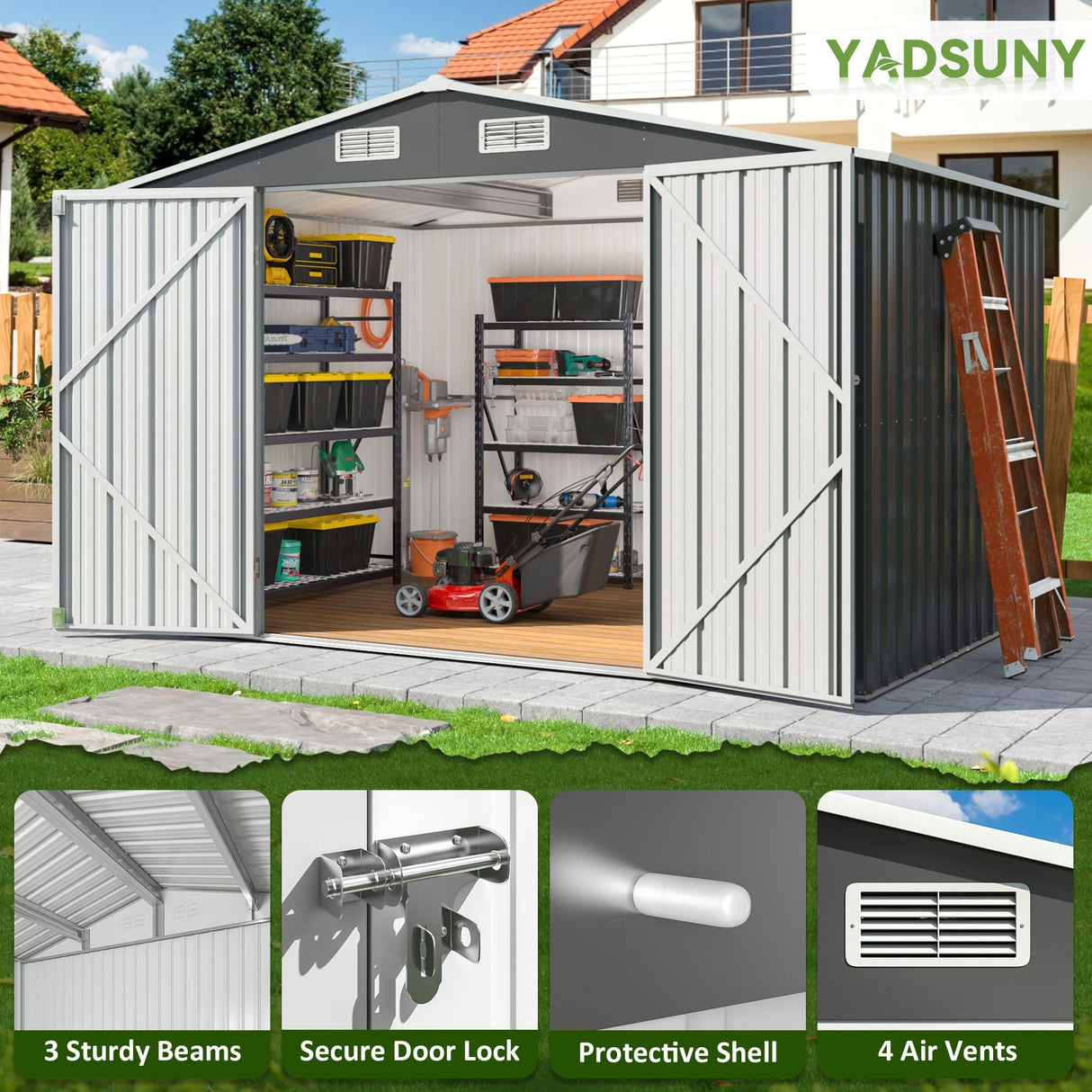 YADSUNY 10x8 FT Outdoor Storage Shed, Metal Garden Tool Shed with Updated Frame Structure and Lockable Doors, Ideal for Backyard Garden Patio Lawn, Grey YADSUNY