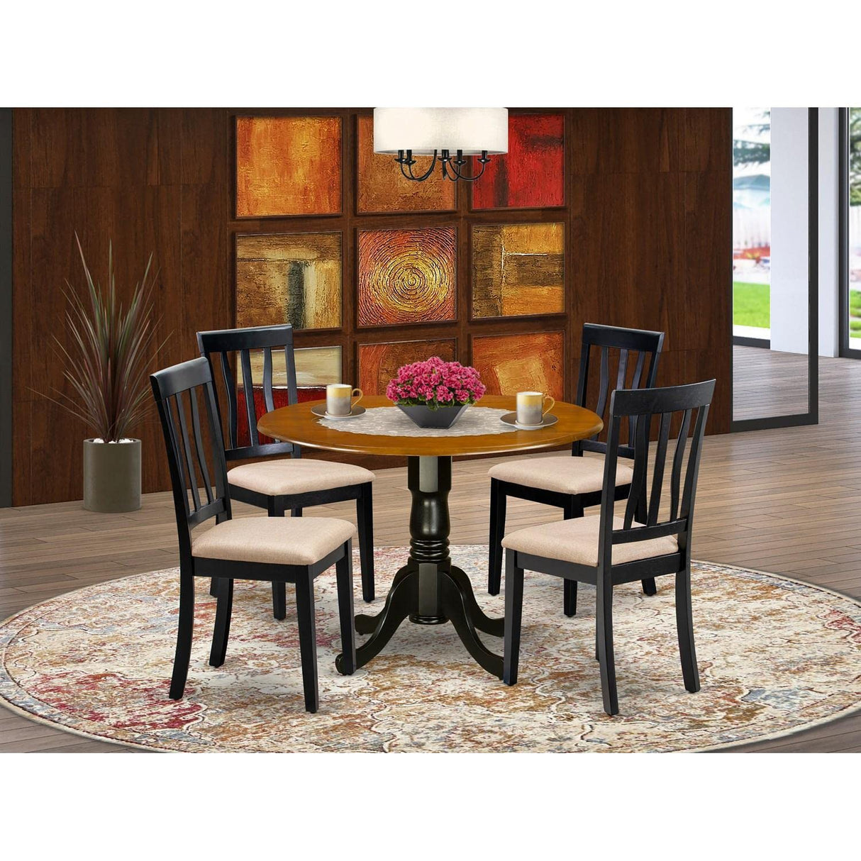 East West Furniture DLAN5-BCH-C 5 Piece Dining Table Set for 4 Includes a Round Kitchen Table with Dropleaf and 4 Linen Fabric Kitchen Dining Chairs, 42x42 Inch, Black & Cherry East West Furniture