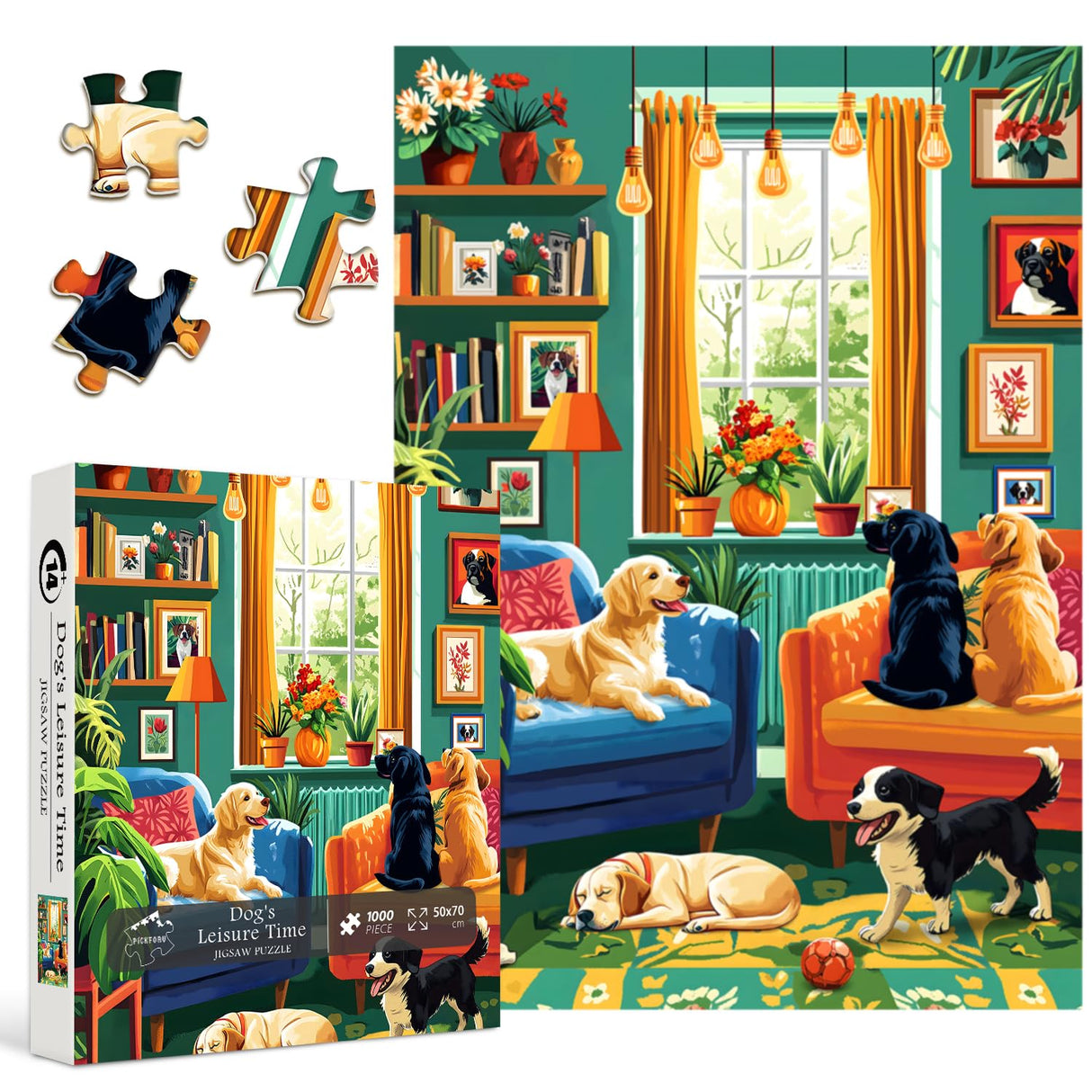 PICKFORU Dog Puzzles for Adults 1000 Pieces, Vintage Puppy Jigsaw Puzzle Houseplant,Unique Living Room Puzzle as Home Art PICKFORU