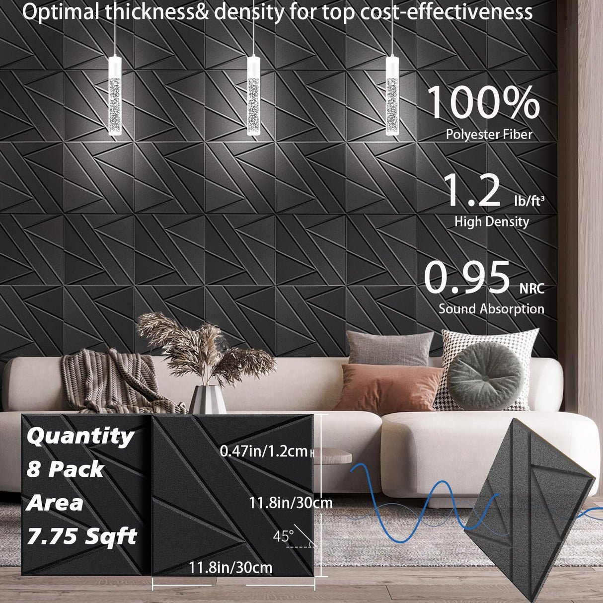 8 Pack Self-Adhesive Soundproof Wall Panels, 12 x 12 x 0.47 In Sound Proof Foam Panels for Walls, 1.2lb/ft³ High Density, Thicker 0.47in, Acoustic Panels, Noise Dampening Panels Studio Black BSHEAD