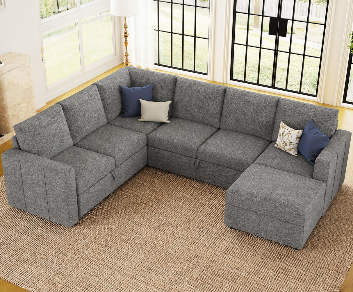 Belffin Modular Sectional Sleeper Sofa with Pull Out Couch, U Shaped Sleeper Pull Out Bed, Convertible Sectional Couches for Living Room, Light Grey Belffin
