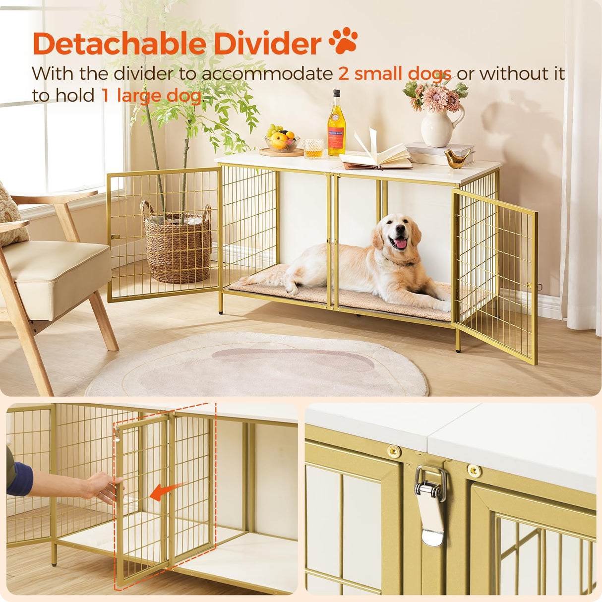 MAHANCRIS Dog Crate Furniture for 2 Dogs, 43.3" Dog Kennel with Removable Divider, Heavy Duty Wooden Dog Kennel for Small Medium Dog, Indoor Dog Cage End Table with Double Doors, White DCJW1201 MAHANCRIS