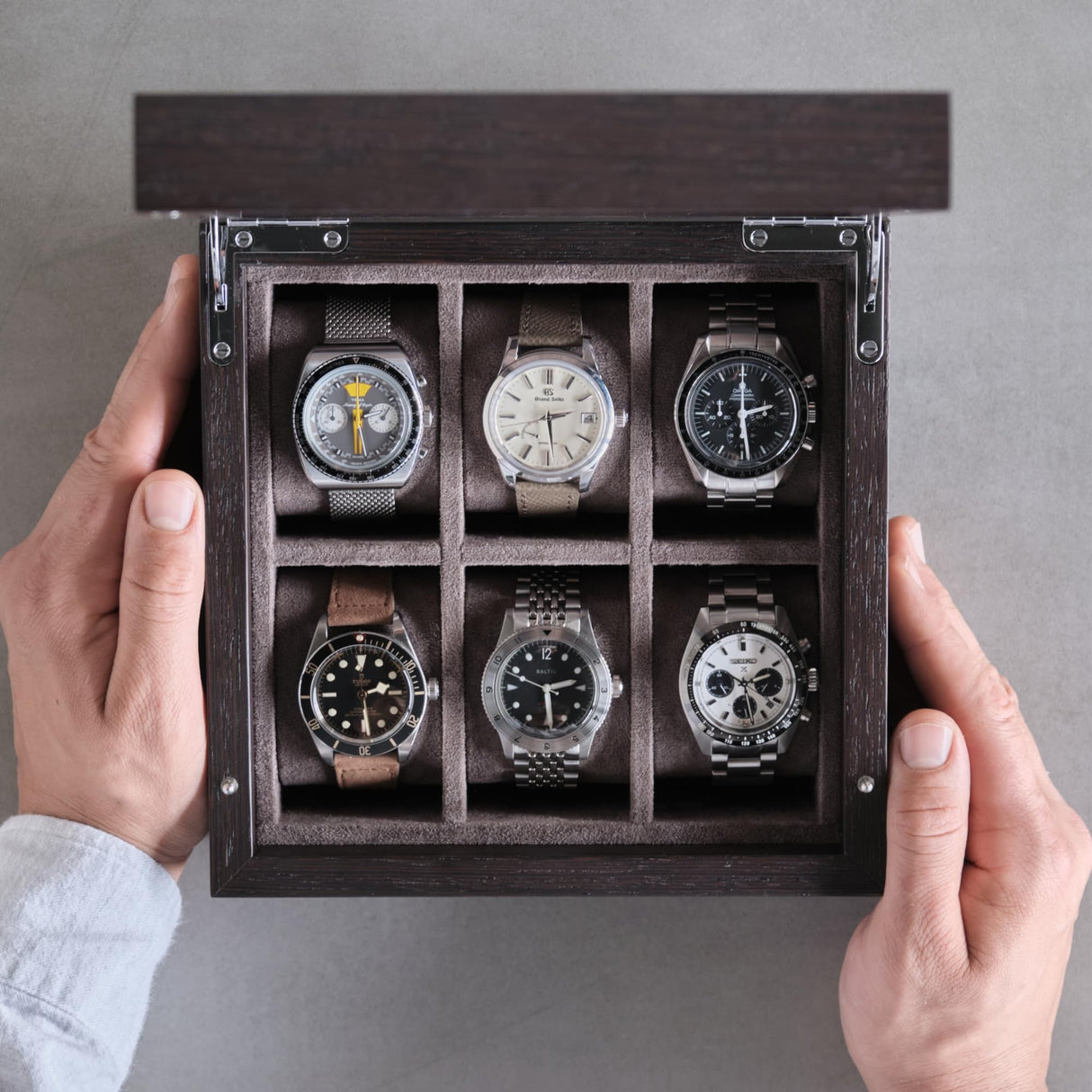 TAWBURY 6 Slot Wood Watch Box - Unisex Wooden Watch Box Crafted from Exquisite Kassod Wood | Compact Design, Fully Lined Interior, Soft-Close Metal Hinges, Push-Latch Locking System TAWBURY