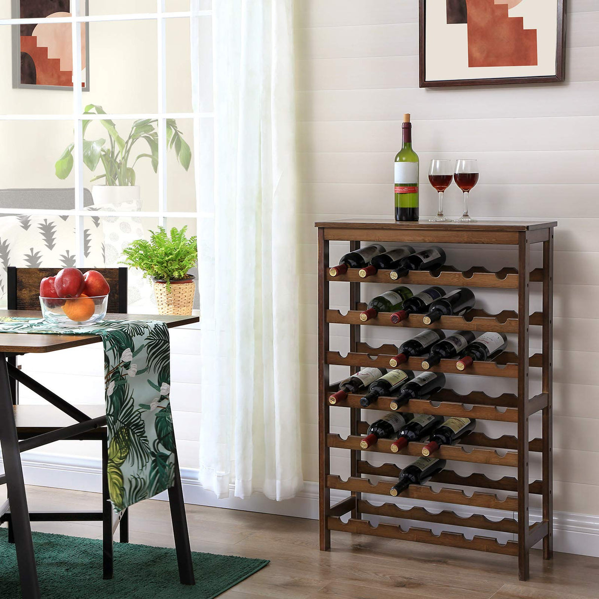 SONGMICS 42-Bottle Wine Rack Free Standing Floor, 7-Tier Display Wine Storage Shelves with Table Top, Bamboo Wobble-Free Bottle Holder for Kitchen Bar Dining Room Living Room, Walnut Color UKWR27WL SONGMICS