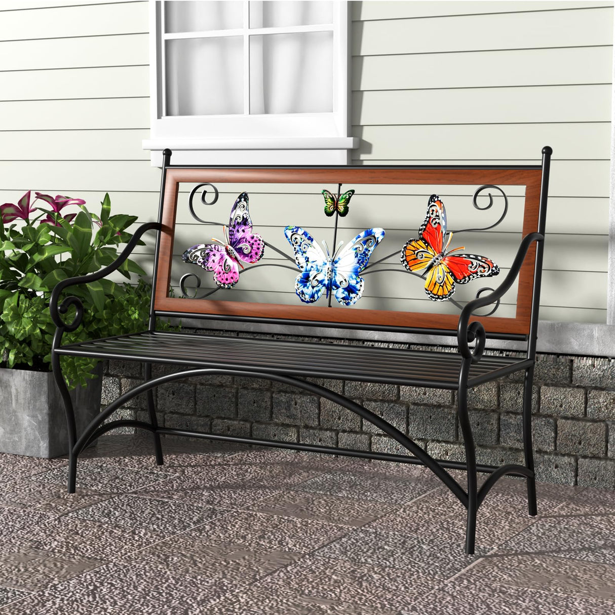39.7" Outdoor Bench, Garden Bench, Patio Bench with Armrest, Slatted Seat and Butterfly Pattern Backrest for Outside, Front Porch, Park, Lawn, Backyard and Balcony, Cast Iron Metal Frame, Black KINGBO