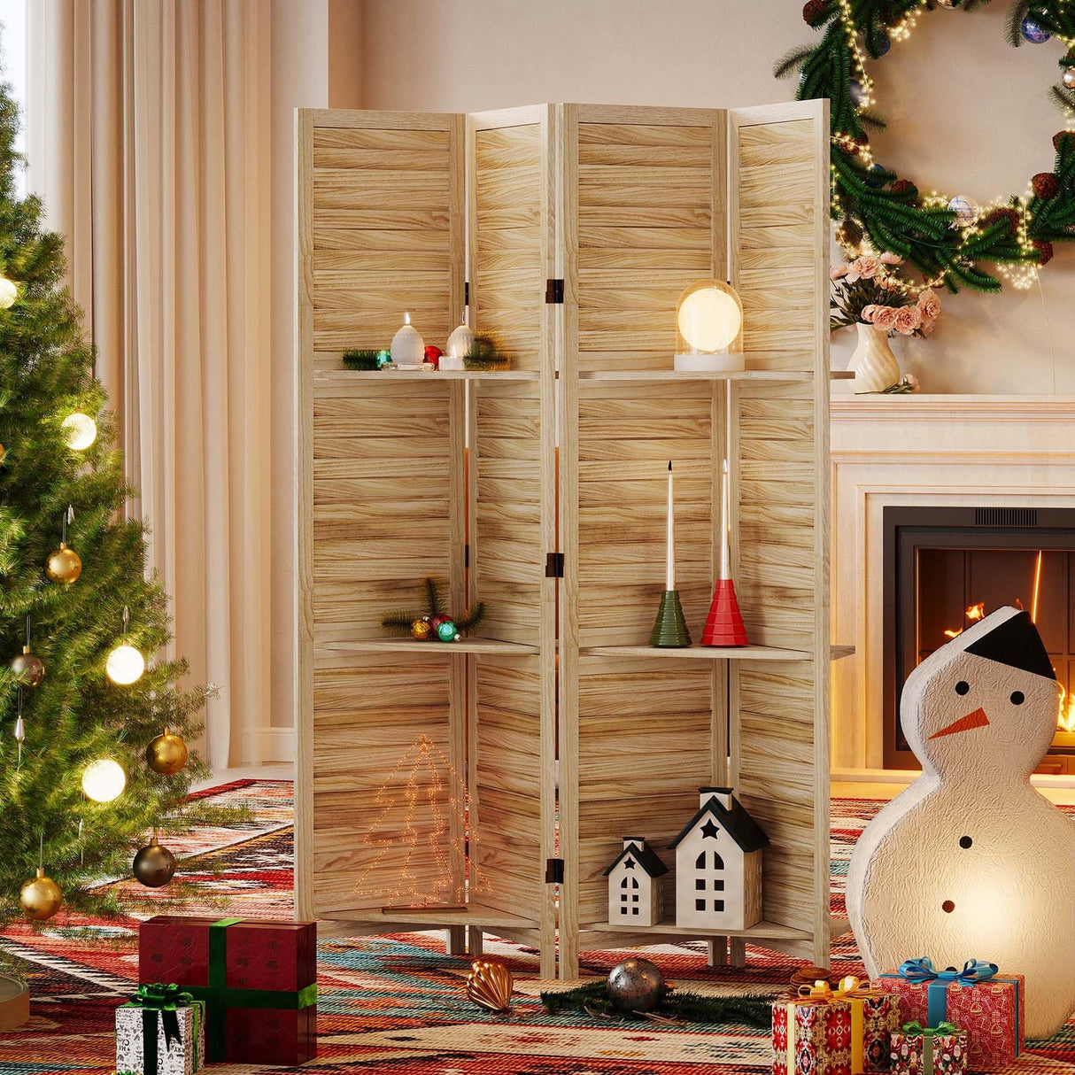 Partition Room Dividers, 67 * 51inch Folding Wood Privacy Screen with Three Display Shelves Suitable for Home Office, Study, Art Display - 4 Panel(Natural) Svimi