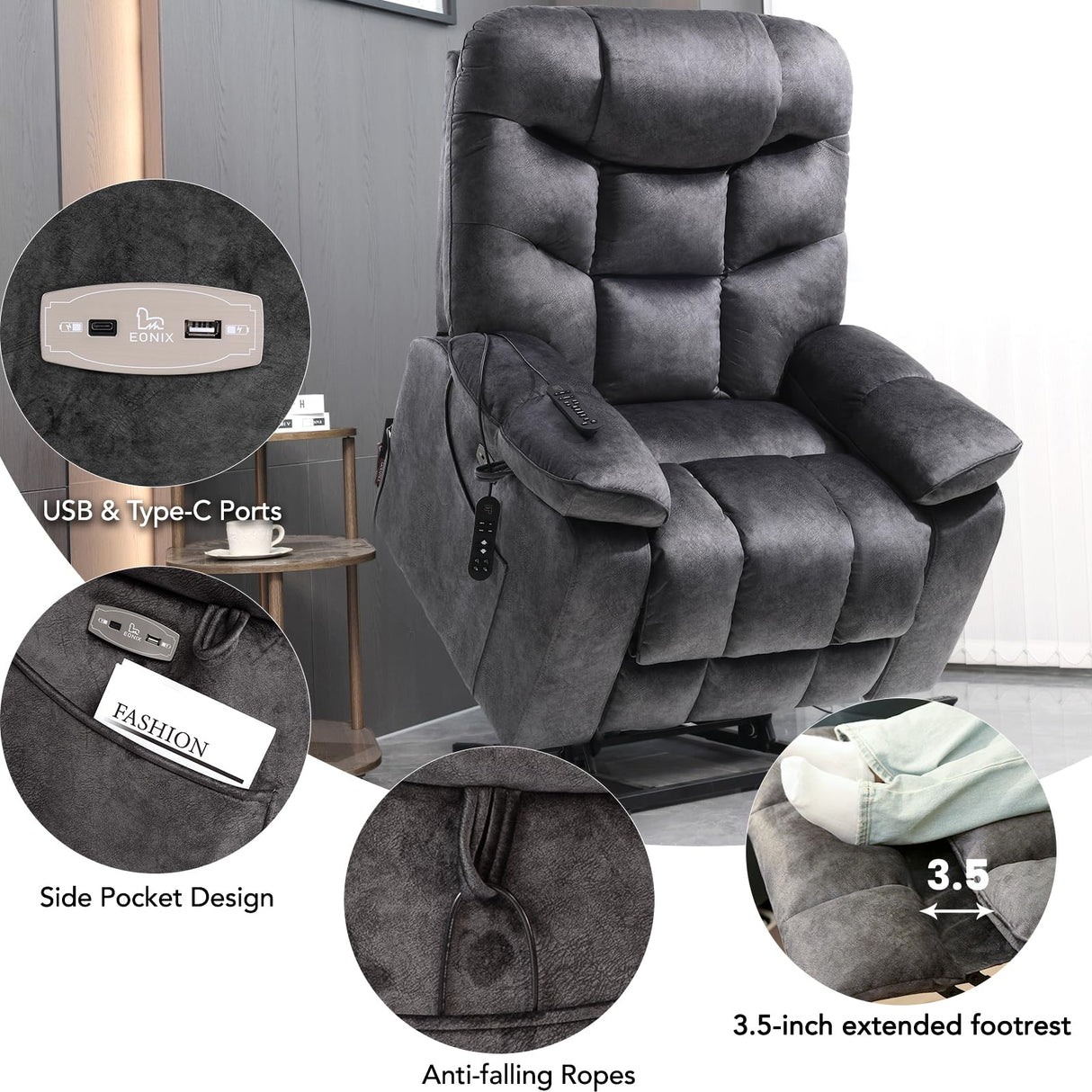 EONIX Oversized Big Man Power Lift Recliner Chair for Elderly with Heat and Massage, 400lbs Dual Motor Lay Flat Electirc Lift Chair with Extended Footrest, SLRY008063, Black EONIX