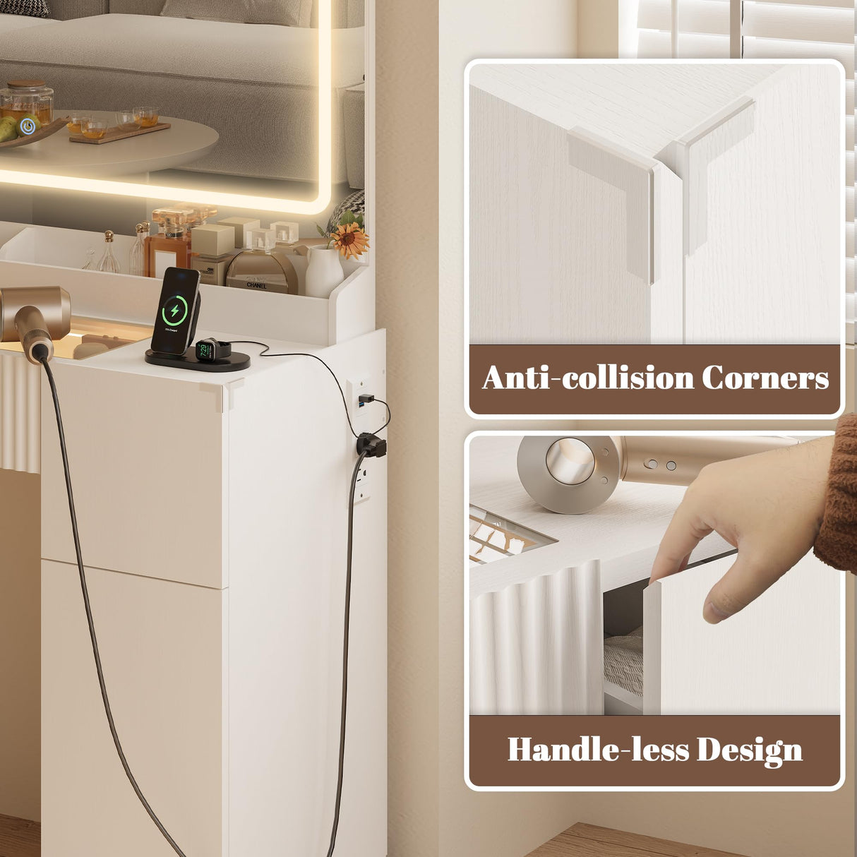 44" Vanity Desk with Large Mirror and Lights, Modern Glass Top Makeup Vanity Set with Power Outlet, 3 Drawers and 2 Cabinet, 3 Lighting Color Adjustable Dressing Table for Bedroom,Pure White INNOD