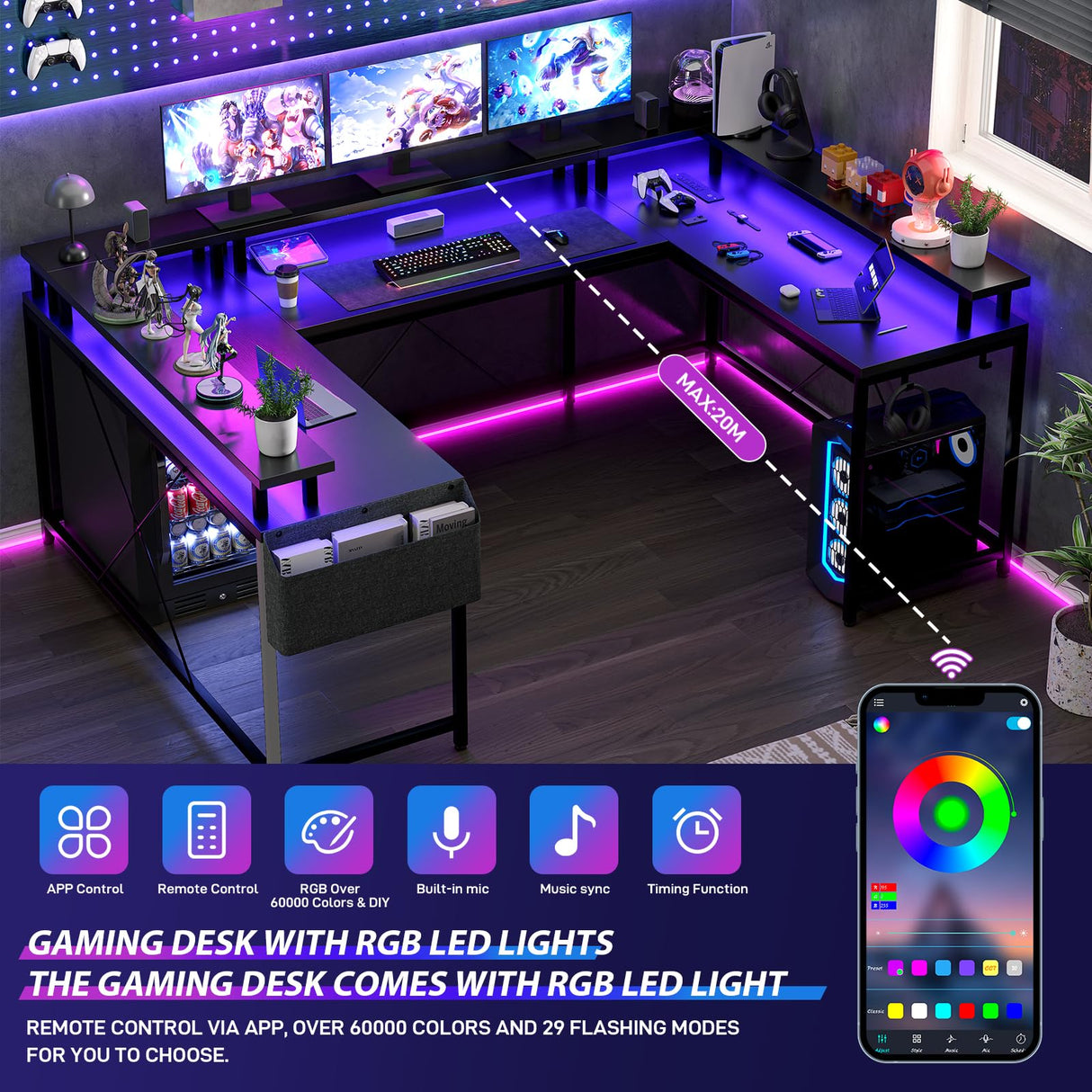 Jojoka U Shaped Desk, 79 Inch Large Corner Office Desk with Monitor Stands, Reversible L Shaped Computer Gaming Desk with Power Outlets & LED Lights,U Shaped Gaming Desk (Black) Jojoka