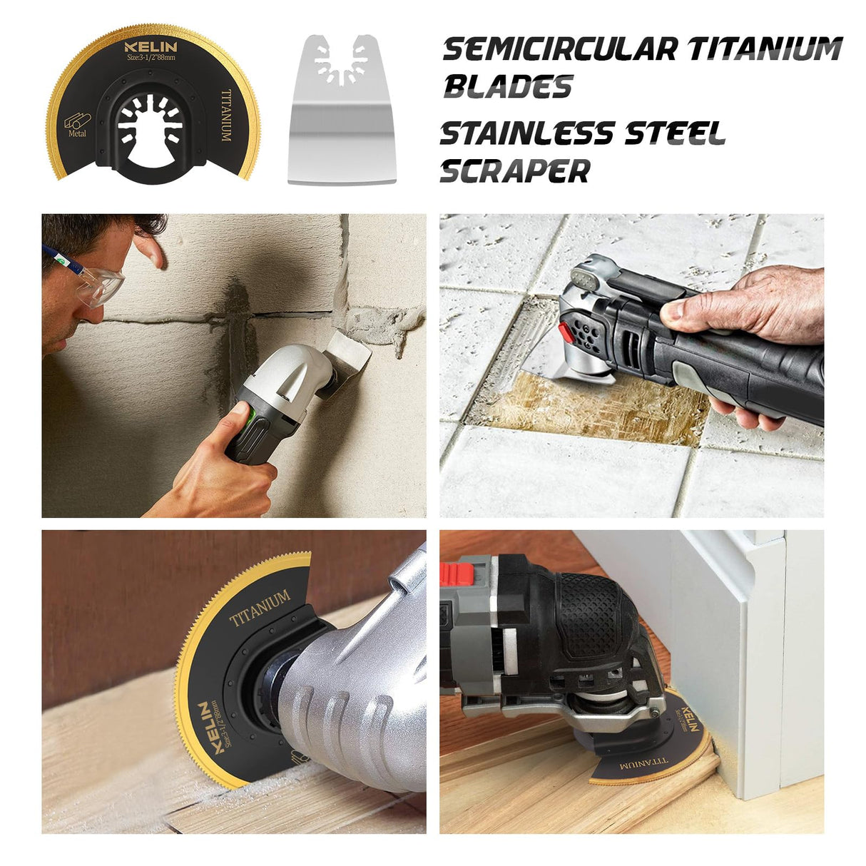 18 PCS Titanium Oscillating Tool Saw Blades with Stainless Steel Scraper and Semicircle Blades Kit, Universal Multi Tool Blades for Light Metal Sheet Pipe and Wood (NOT for Star Lock Interface) KELIN