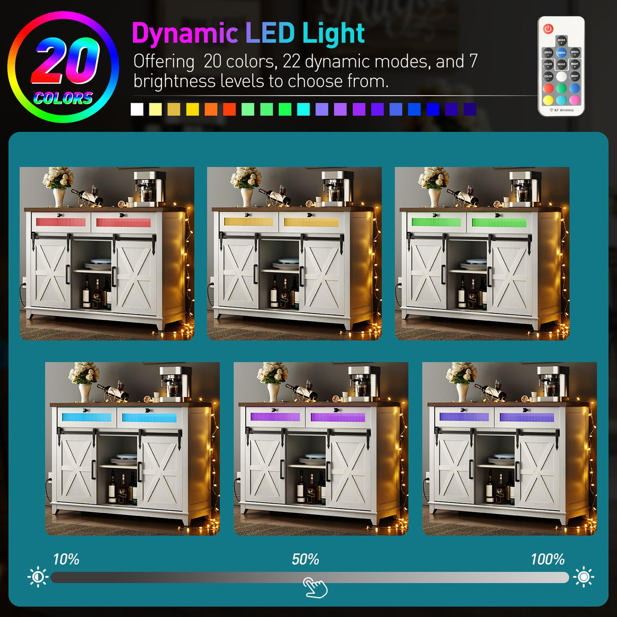 RALGEND White Farmhouse Storage Cabinet, Sideboard Buffet Cabinet with Storage, Kitchen Buffet Storage Cabinet with Power Outlet & LED Light, Coffee Bar Cabinet with Sliding Barn Doors & 2 Drawers RALGEND