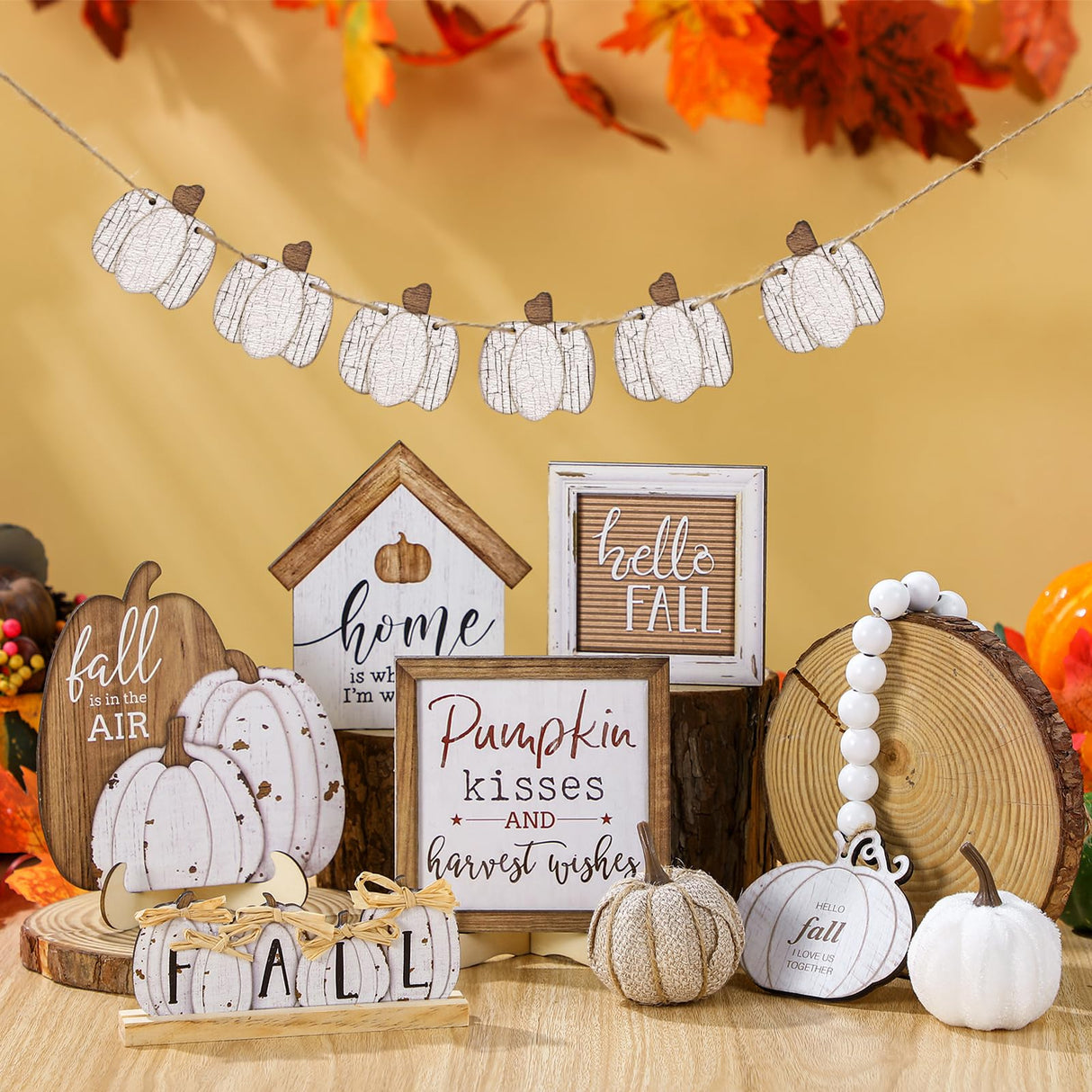 Reallnaive 18 Pcs Fall Thanksgiving Tiered Tray Decor Set Pumpkin Wood Sign Hello Fall Rustic Farmhouse Tray Decoration Tabletop Sign for Autumn Home Kitchen Festival (Neutral) Reallnaive
