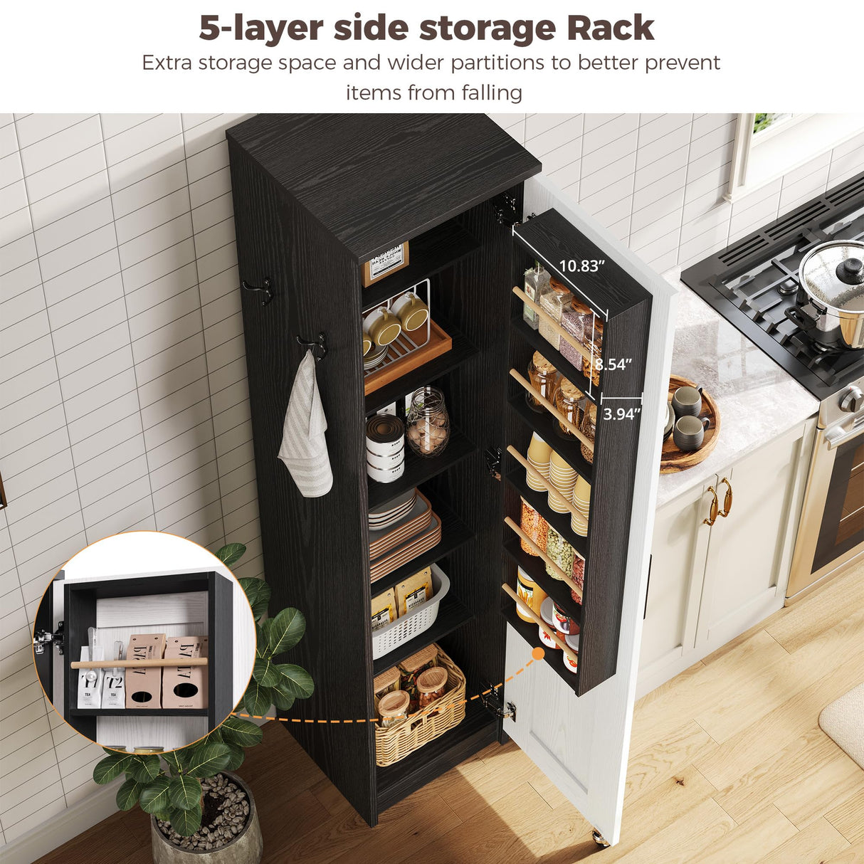 IRONCK Small Kitchen Pantry Cabinet 72" for Small Space, with Single Door and Adjustable Shelves, Freestanding Storage Cabinet for Living Room, Bathroom, Black and White IRONCK