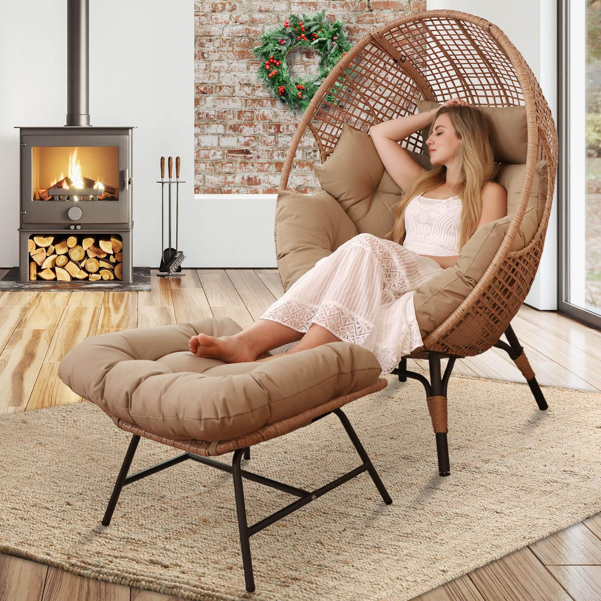 NICESOUL Egg Chair Indoor Outdoor, Large Egg Lounge Chair w/Ottoman, Oversized Comfy Cushioned Brid Cage Seat 440lbs, Boho Nest Seat with Footstool for Patio, Bedroom, Lawn, Backyard, Brown NICESOUL