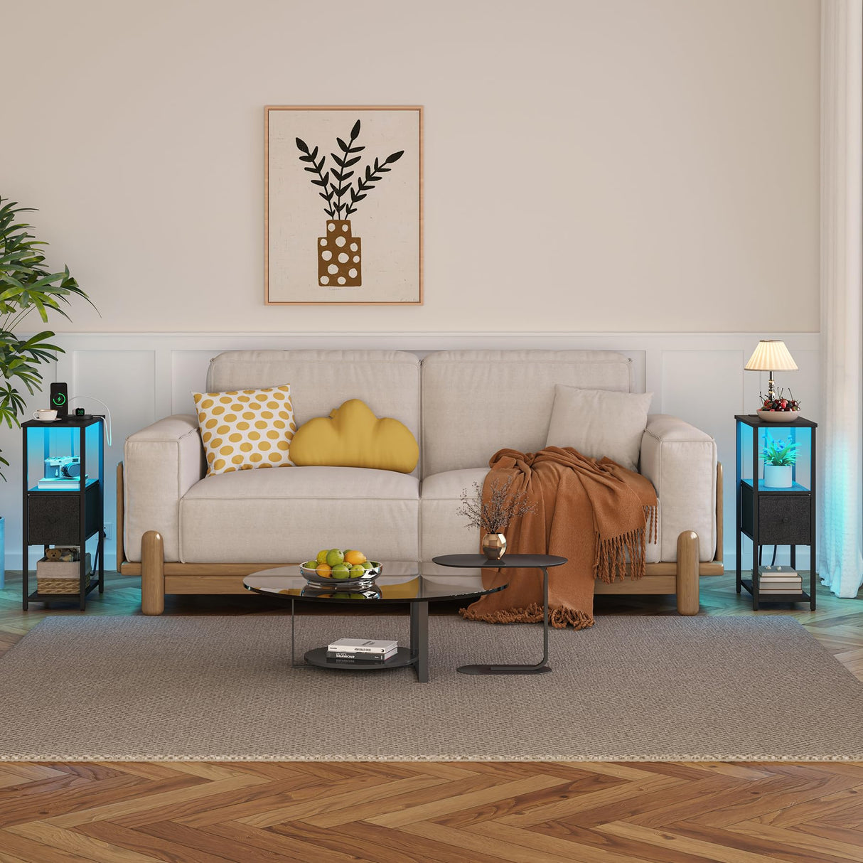 TUTOTAK Small Narrow LED End Table with Charging Station, Side Table Outlets, Nightstand with Cloth Drawer, Set of 2, Couch Table, for Living Room, Bedroom, Bedside, Black TB01BK059 TUTOTAK