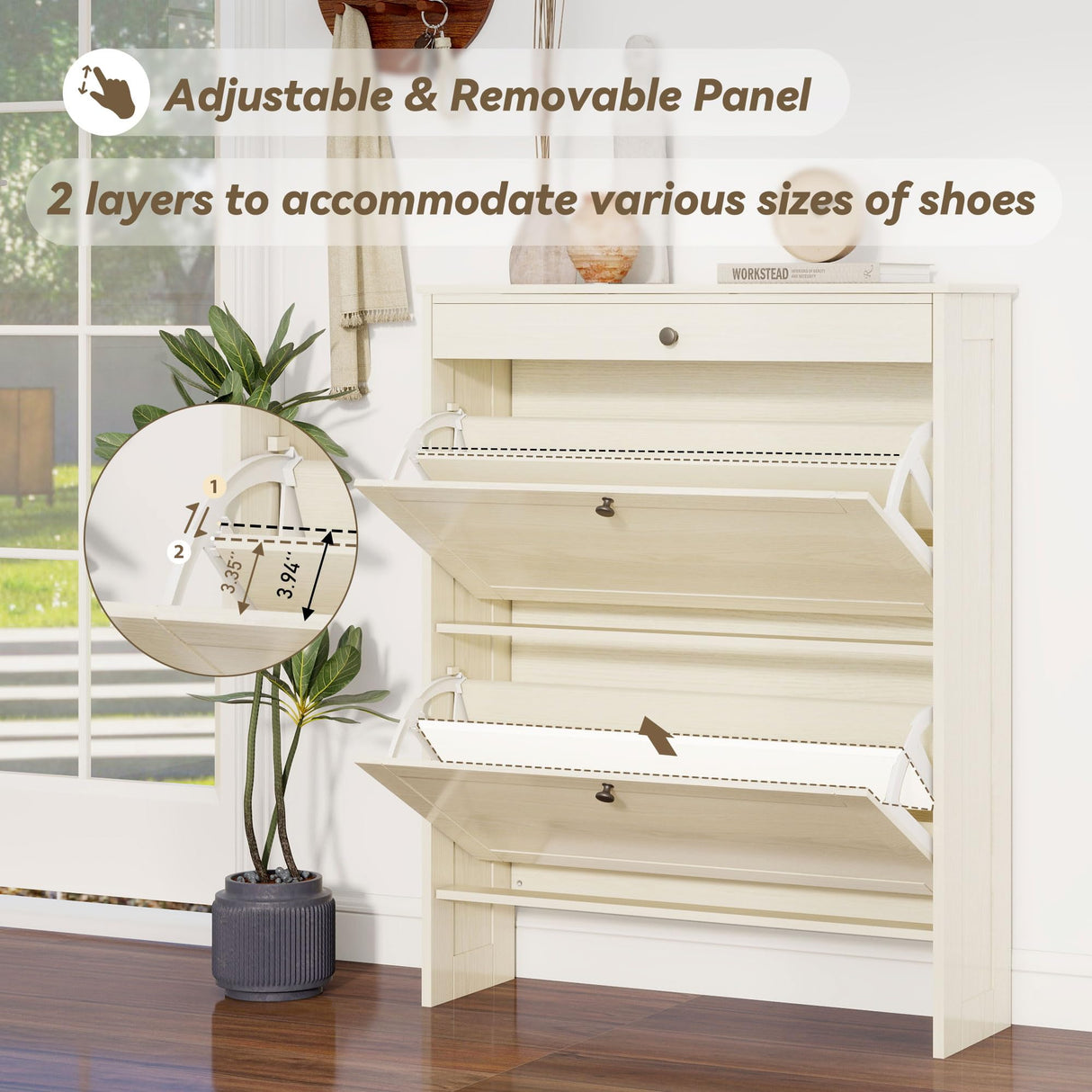 FTZxHKLX Shoe Cabinet with 2 Flip-Up Doors & Drawer, Slim Shoe Cabinet with Adjustable Shelves & Elevated Design, Freestanding Narrow Shoe Storage Organizer for Entryway, Hallway, Foyer, Light Oak FTZxHKLX