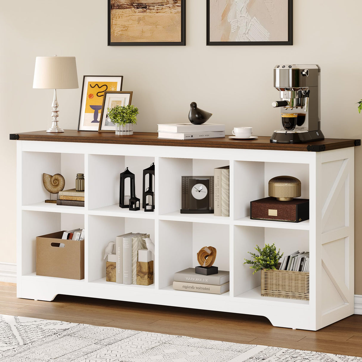 YITAHOME 8 Cube Storage Organizer Bookshelf, Horizontal Bookshelf Farmhouse Cubby Bookcase for Living Room, Bedroom, Home Office, White YITAHOME