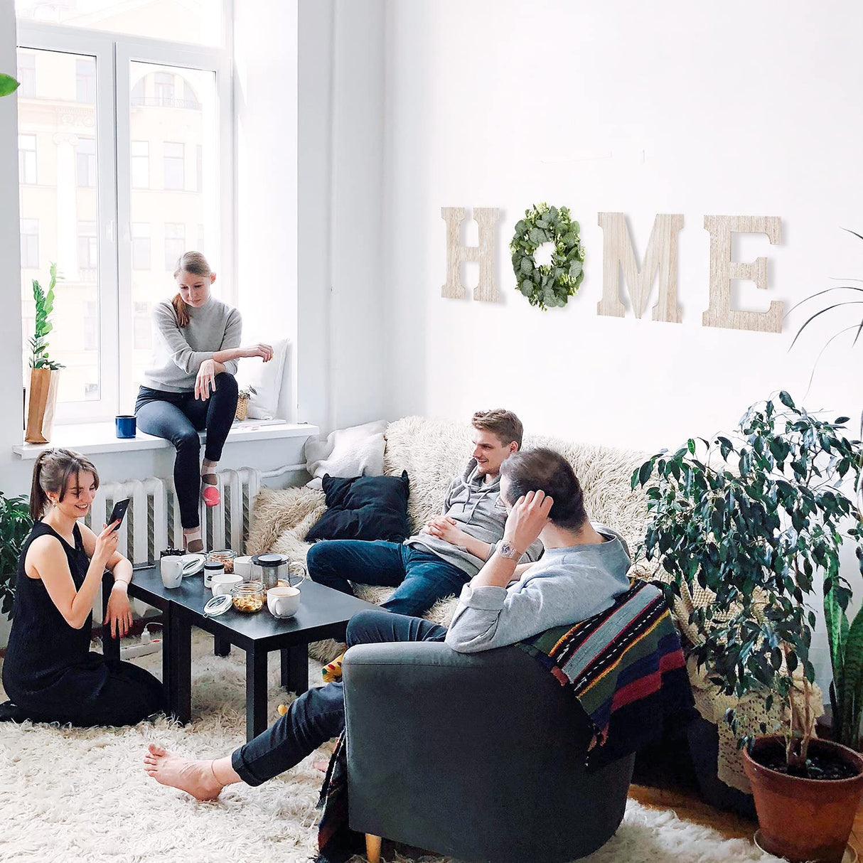 Wooden Home Sign Wall Hanging Decor Wood Home Letters for Wall Art with Artificial Eucalyptus Wreath Rustic Home Decor Farmhouse, Wall Decor for Living Room Entryway Housewarming Gift (Natural) Pinkpum