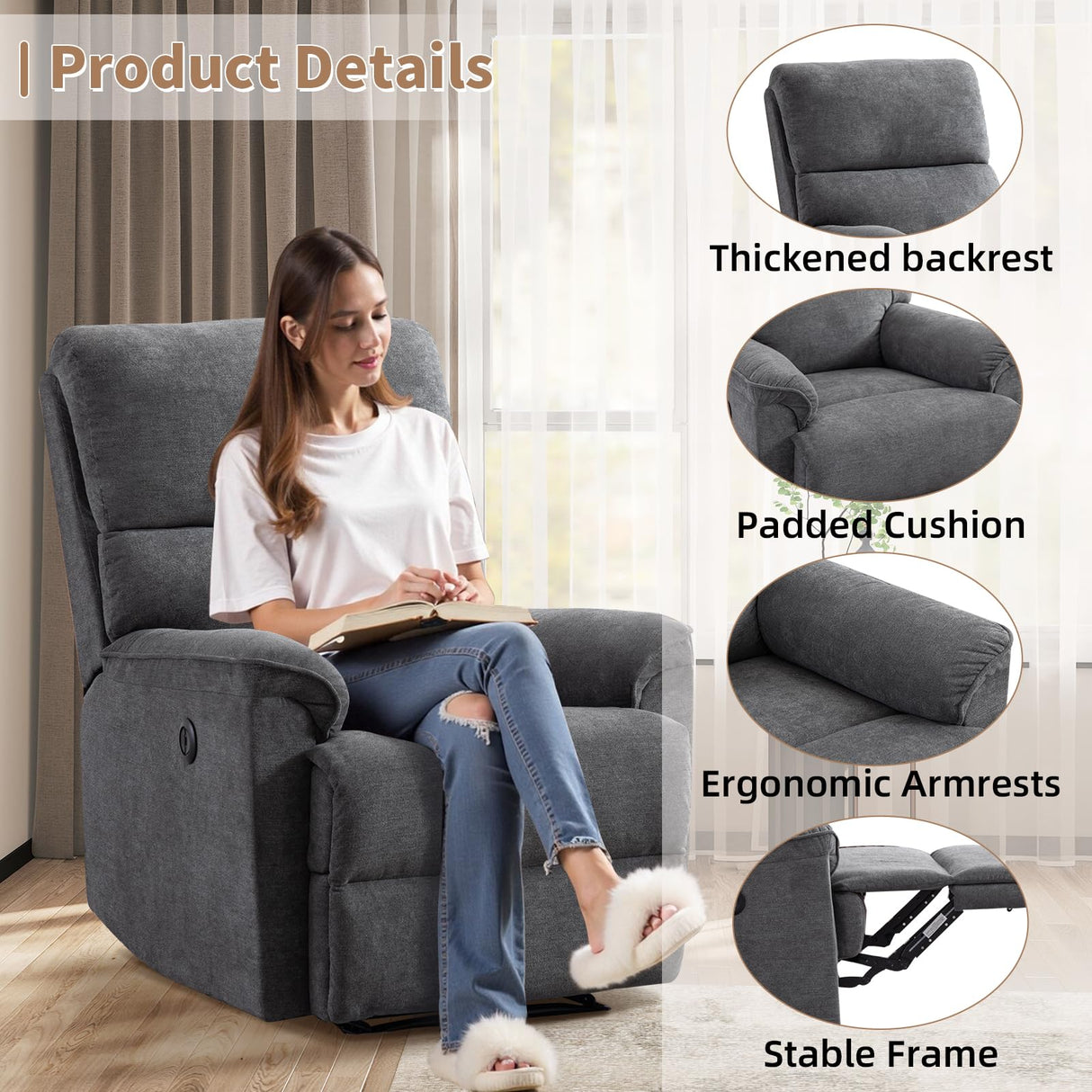 HAOMARKETS Power Recliner Chair for Adults with USB Port, Breathable Fabric Electric Recliners with High Back, Single Overstuffed Heavy Duty Reclining Sofa for Small Spaces Living Room Bedroom HAOMARKETS