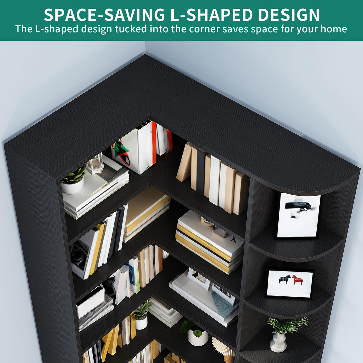 YITAHOME Corner Bookshelf and Bookcase with LED Light, Black Bookshelf 6 Tier Corner Shelf L-Shaped Bookcase Storage Display Shelf for Home Office, Living Room, Bedroom, Black YITAHOME