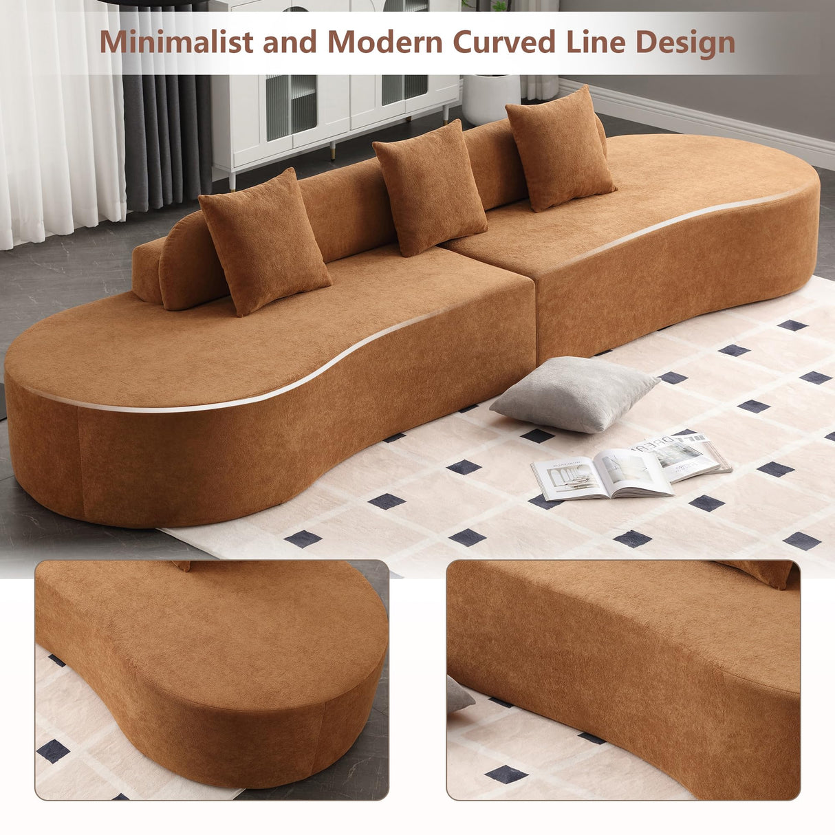 Suheww 130.5” Modern Curved Floor Combination Sofa, Curved Sectional Sofa Couch for Living Room, Deep Seat 4-Seater Oversized Terrycloth Fabric Sofa with 3 Pillows for Apartment Bedroom Office(Brown) Suheww