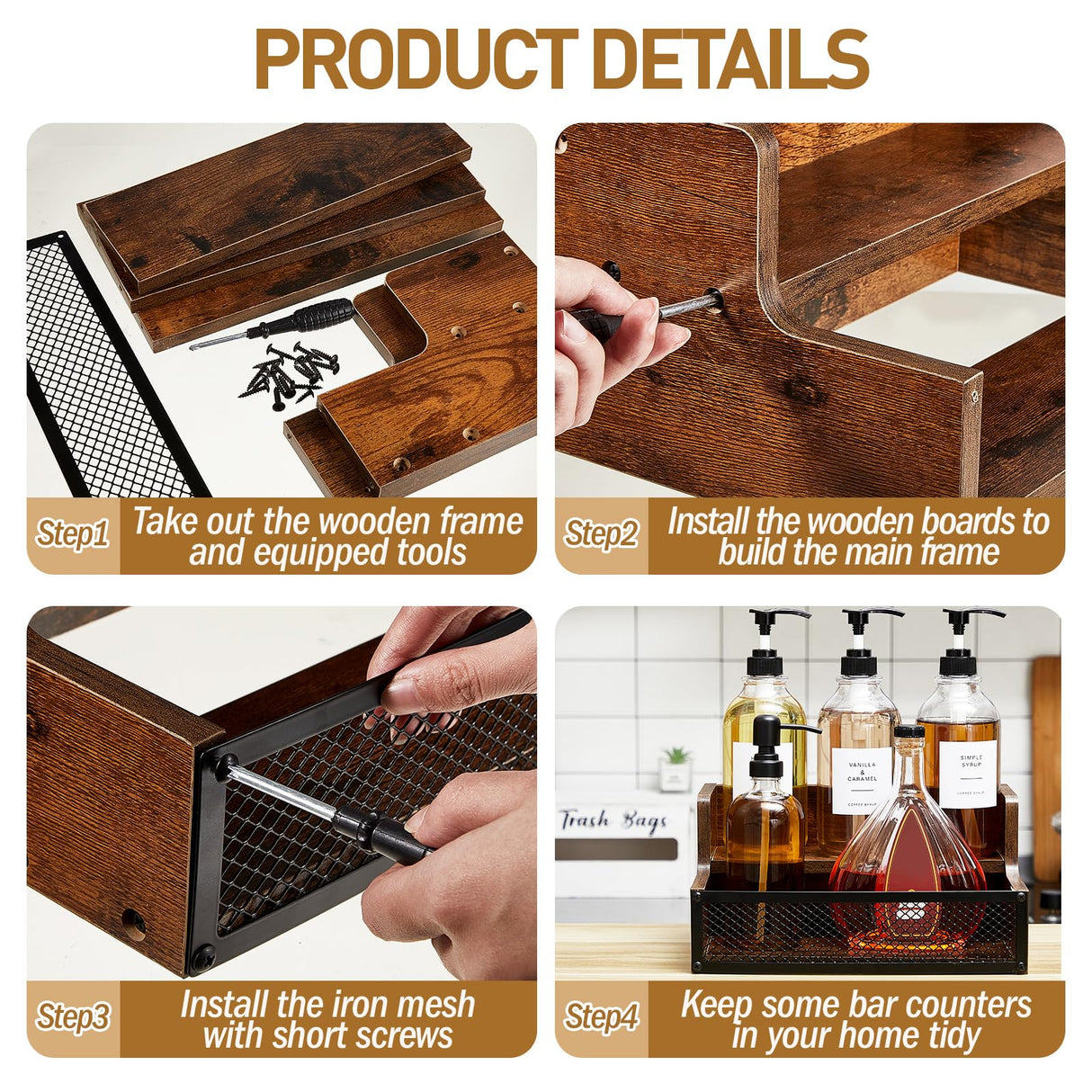 Menkxi Coffee Syrup Rack Liquor Bottle Display Shelf 6/12 Bottles Wood Liquor Shelf with Fences Liquor Cabinet for Liquor Whiskey Wine Coffee Syrup Display(2 Tier) Menkxi