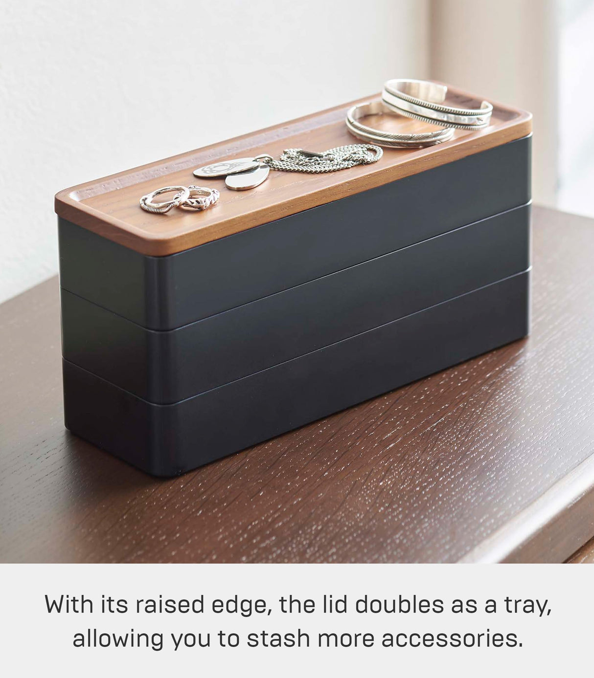 Yamazaki Home Rin Stacking Watch And Accessory Case, Jewelry Box Organizer For Glasses, 3-Tier - Accessories - Plastic + Wood, Black YAMAZAKI