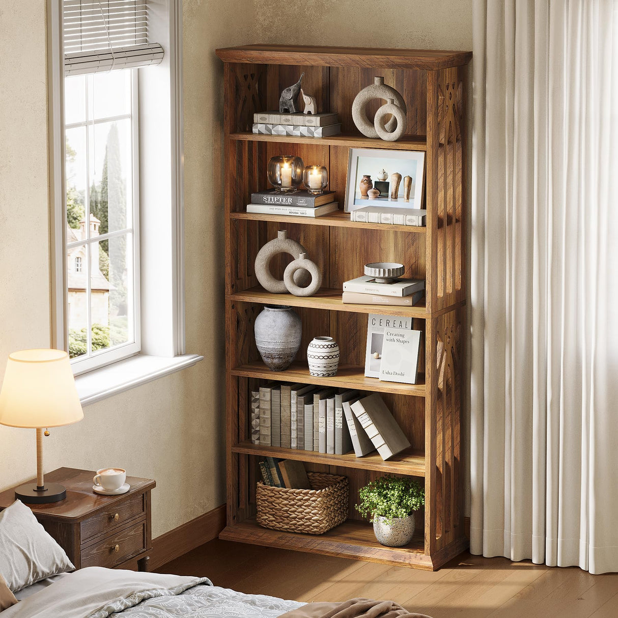 LITTLE TREE 6-Tier Bookcase, 75-Inch Farmhouse Bookshelves and Bookcases, Floor Standing 6 Shelf Wooden Display Storage Shelves Tall Bookcase for Home Office, Living Room, Bed Room, Brown LITTLE TREE