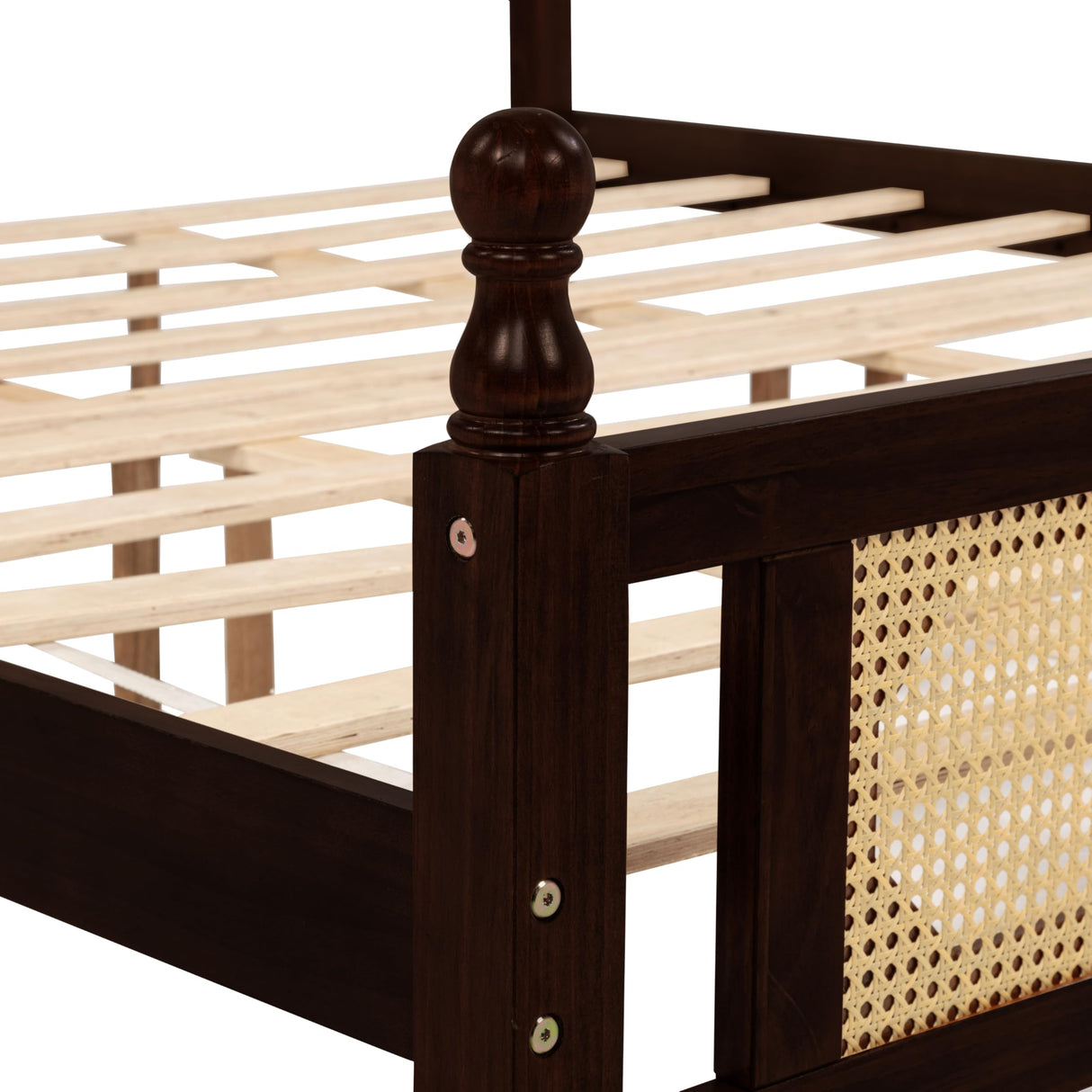 DNChuan King Size Platform Bed with Retro Style Rattan Headboard and Footboard,4-Post Wood Bed Frame with Central Enhanced,No Box Spring Needed, Espresso DNChuan