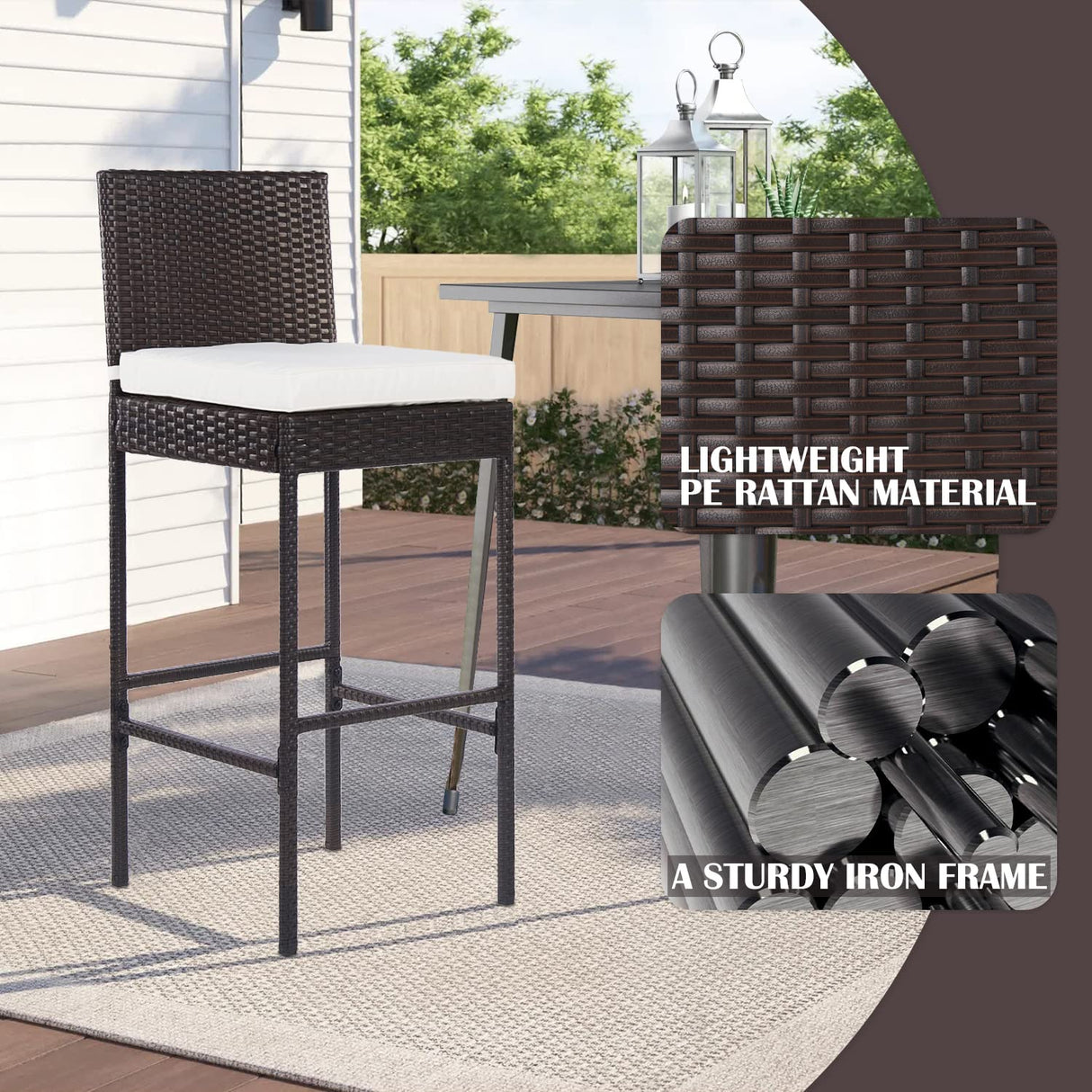 PayLessHere 2 Piece Outdoor Bar Stools 30" Wicker Patio Stools Bar Chairs Height Stools All Weather Patio Furniture with Footrest Khaki Cushion for Outdoor Indoor Pool Lawn Porch Backyard,Brown PayLessHere