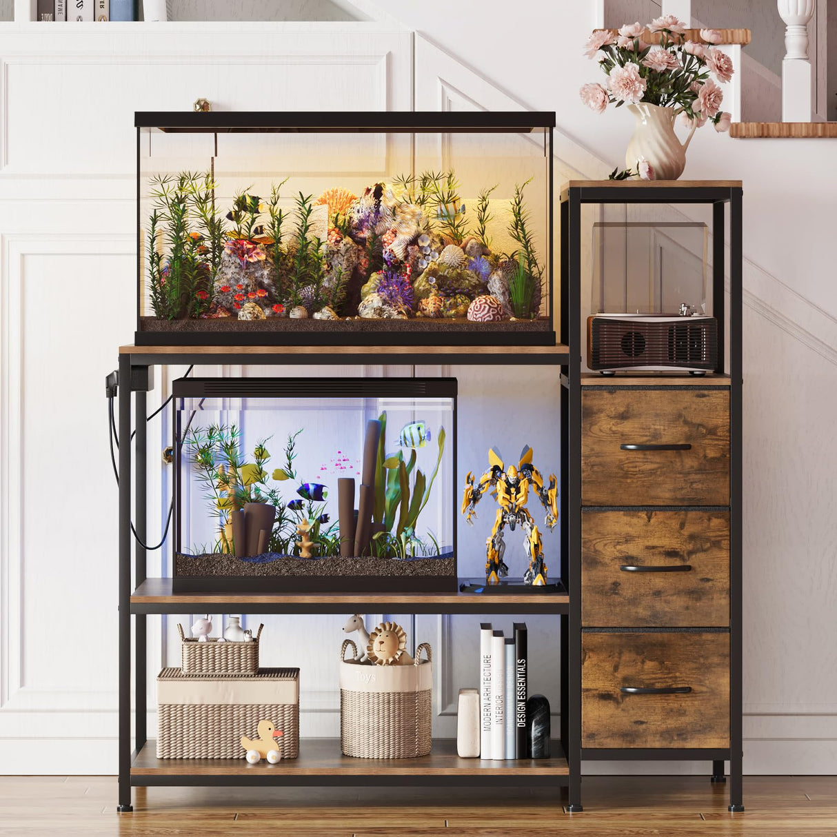 Welfuturer 20 Gallon Aquarium Stand with Power Outlets Fish Tank Stand with 3 Drawers Metal Frame Heavy Duty Reptile Tank Stand with 3-Tier Storage Shelves,Left/Right Assembly, Adjustment Height Welfuturer