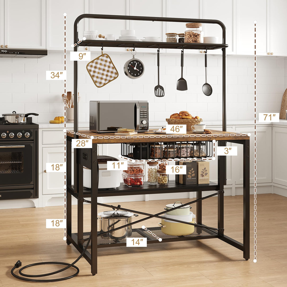 Jocoevol Kitchen Island with Storage, Bakers Rack with Power Outlet, Island Table for Kitchen, Bakers Rack with Storage, Large Kitchen Island Table, Coffee Bar Table with Shelf,5 Racks, Rustic Brown Jocoevol