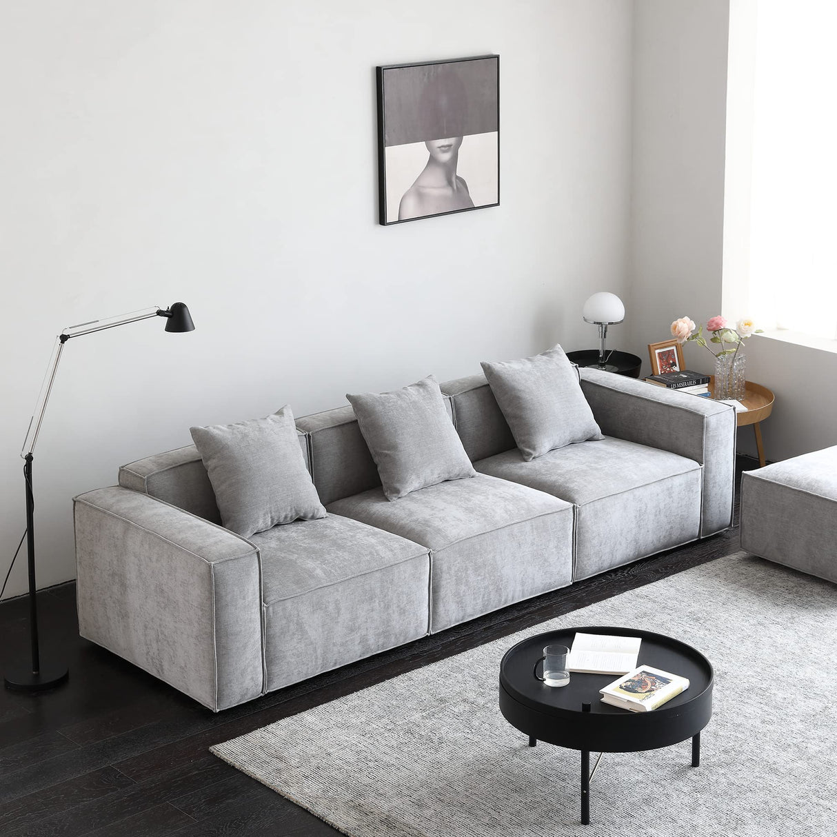 Acanva Luxury Modular Sectional Living Room Sofa Set, Modern Minimalist Style Couch with Ottoman and Chaise, L-Shape, Chenille Grey Acanva