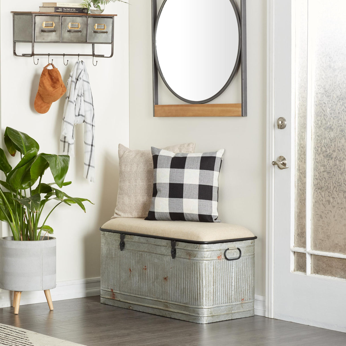 Deco 79 Metal Room Storage Bench Galvanized Entryway Bench with Cream Burlap Top and Black Latches, Bench 38" x 16" x 19", Gray Deco 79