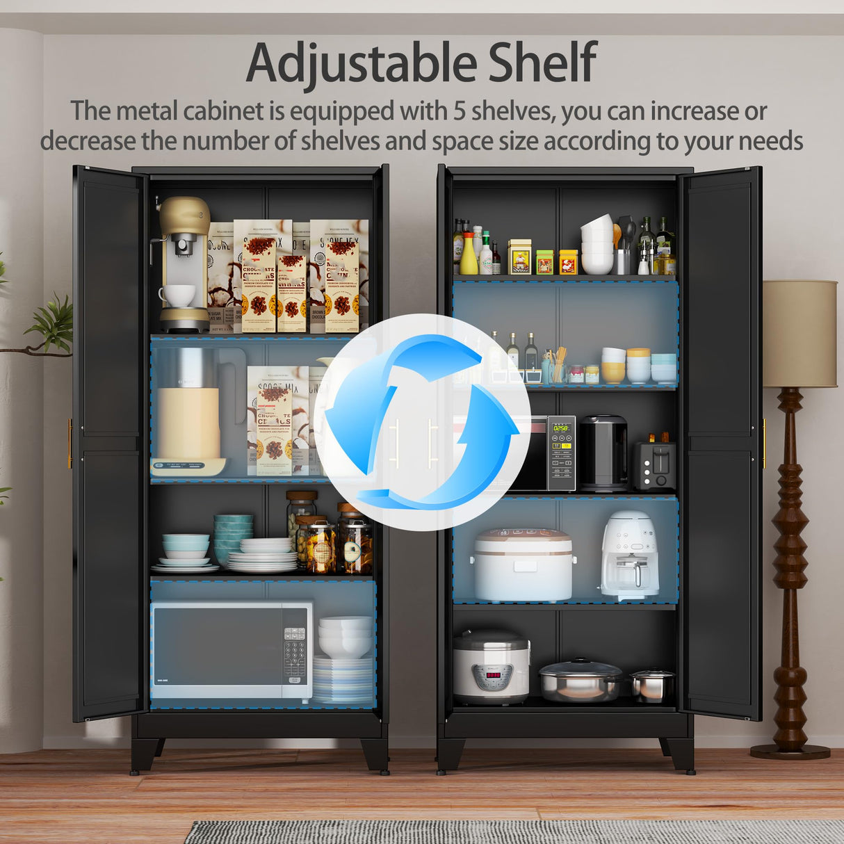 RISTERN Black Metal Storage Cabinet,75" Steel Cabinets for Home Office, Kitchen Pantry Storage Cabinet with Doors and 5 Adjustable Shelves, Tool Cabinets, for Office, Home, Garage, School RISTERN