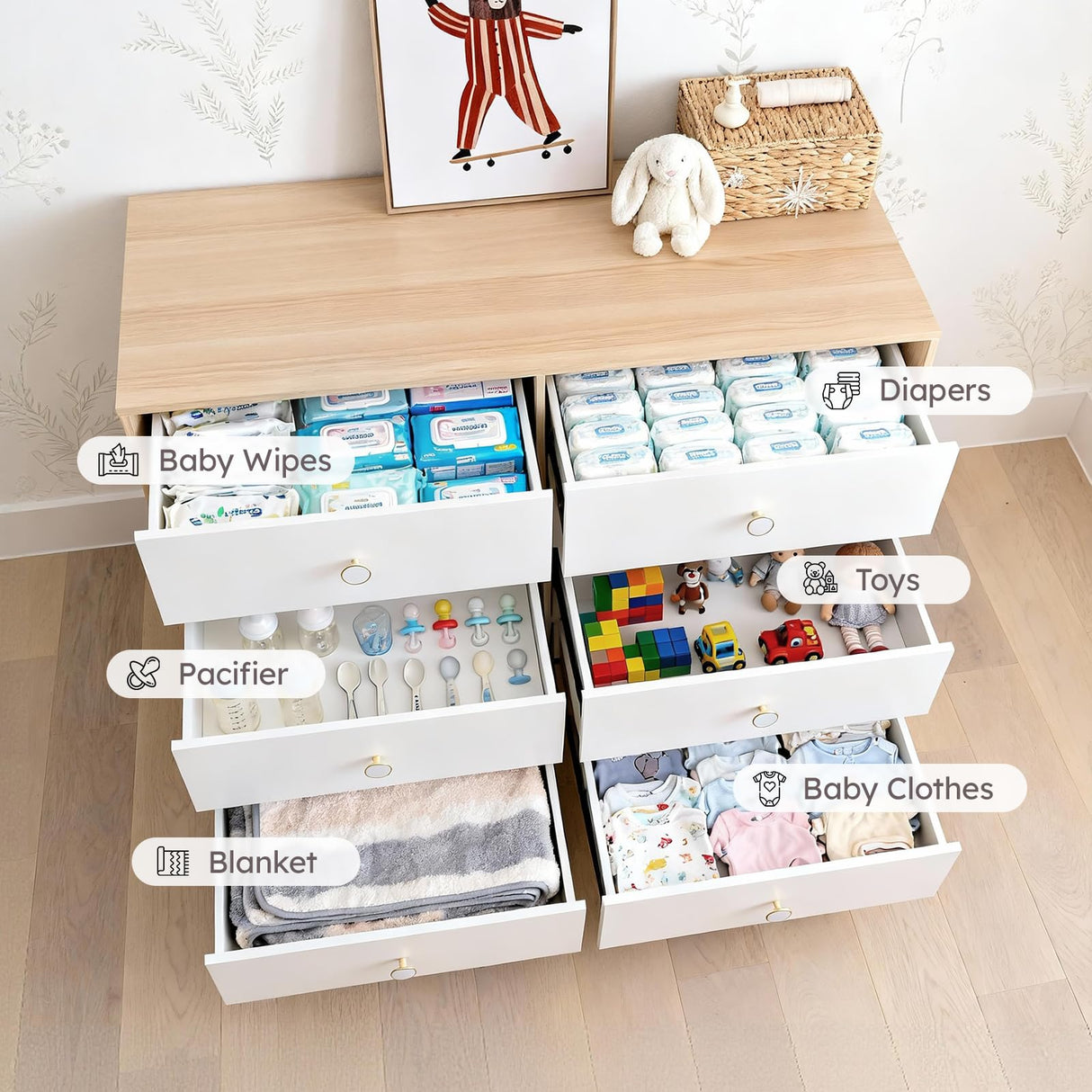 BERRY NEST White Dresser for Bedroom, 6 Drawer Dressers with Solid Wood Legs, Baby Dresser for Kids, Storage for Clothes and Baby Essentials BERRY NEST