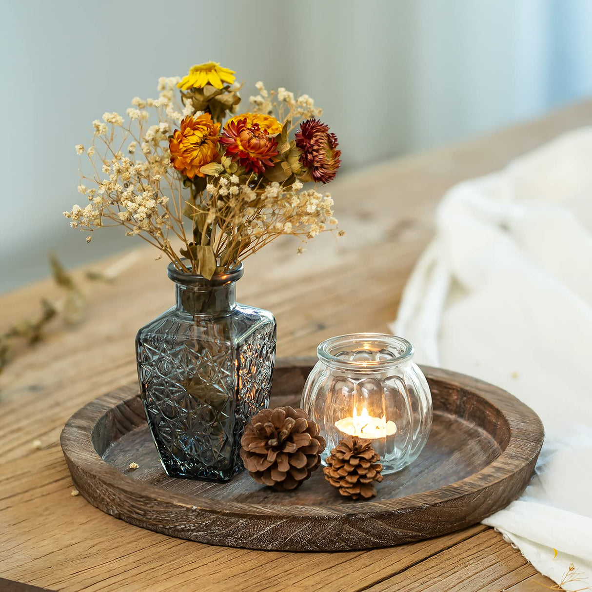 Romadedi Rustic Wooden Tray Candle Holder - Small Wood Decorative Plate Pillar Candle Tray for Farmhouse Kitchen Countertop Bathroom Coffee Table Organizer Home Decor Wedding Centerpiece, 11inch Romadedi