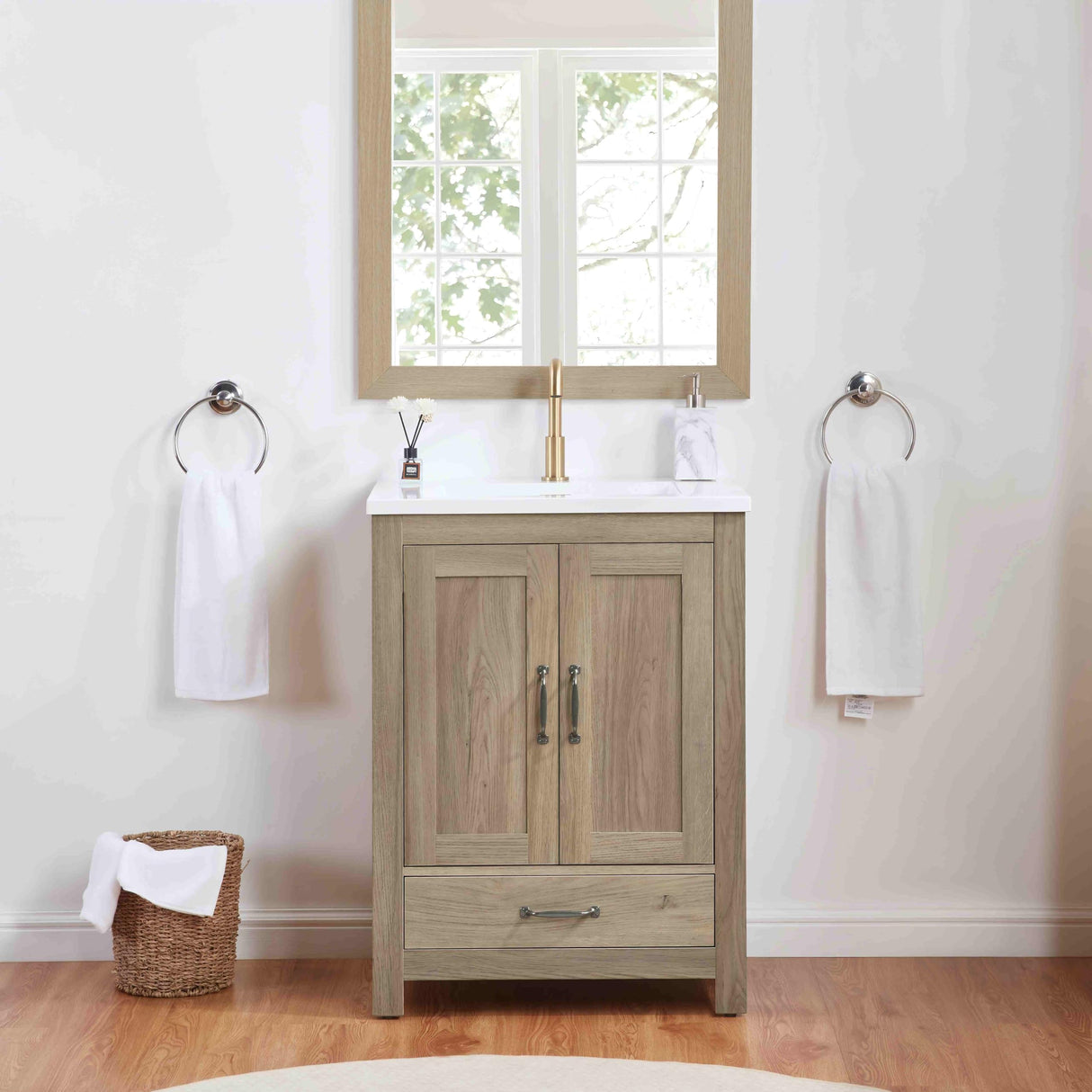 Small Bathroom Vanity with Sink, 25-inch Farmhouse Bathroom Vanity Storage Cabine with 2 Soft Closing Doors & Single Drawer, Freestanding, Natural Oak (25 inch(2 doors & 1 drawer), Light Oak) ZESTO PASSION FOR LIVE