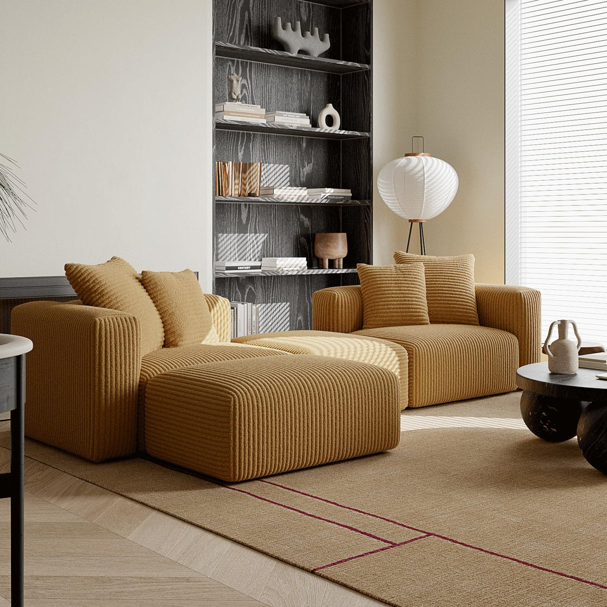 Acanva Corduroy Convertible Modular L Shaped Sectional Sofa, 4 Seater Free Combination Corner Couch, Convertible to DayBed, Wide Loveseat with Moveable Ottomans for Small Spaces, Sleeper Bed, Yellow Acanva