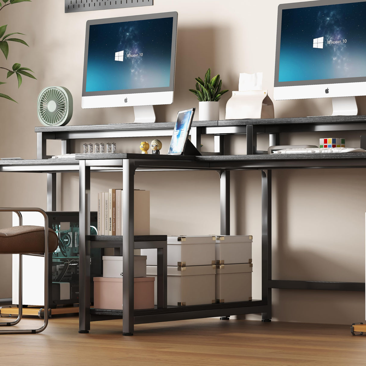 MUTUN Two Person Desk, 83.7 Inch Computer Office Double Desk with Monitor Stand and Power Outlets, Rustic Writing Desk Workstation with Shelves, Long Desk for Home Office, Black MUTUN