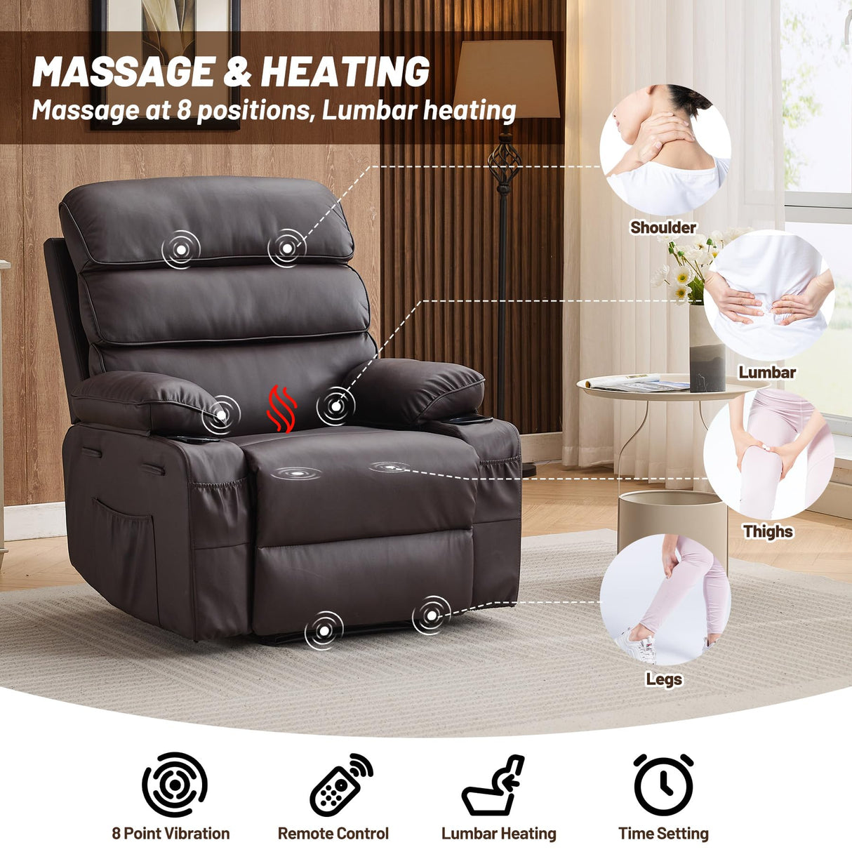 PU Leather Extra Wide Manual Recliner for Adults with Massage and Heat, Large Lazy Chair with 1.5X Sponge Comfort Arm and Back for Living Room, Bedroom PeacefulHues