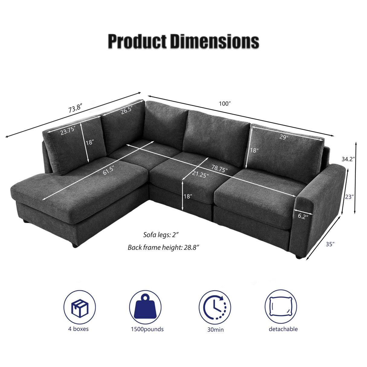 Elevyoliv 100" L Shaped Sectional Couch with Chaise, Modern 4-Seater Sectional Couches for Living Room, Comfy Chenille Corner Sofa for Apartment, Dark Grey Elevyoliv