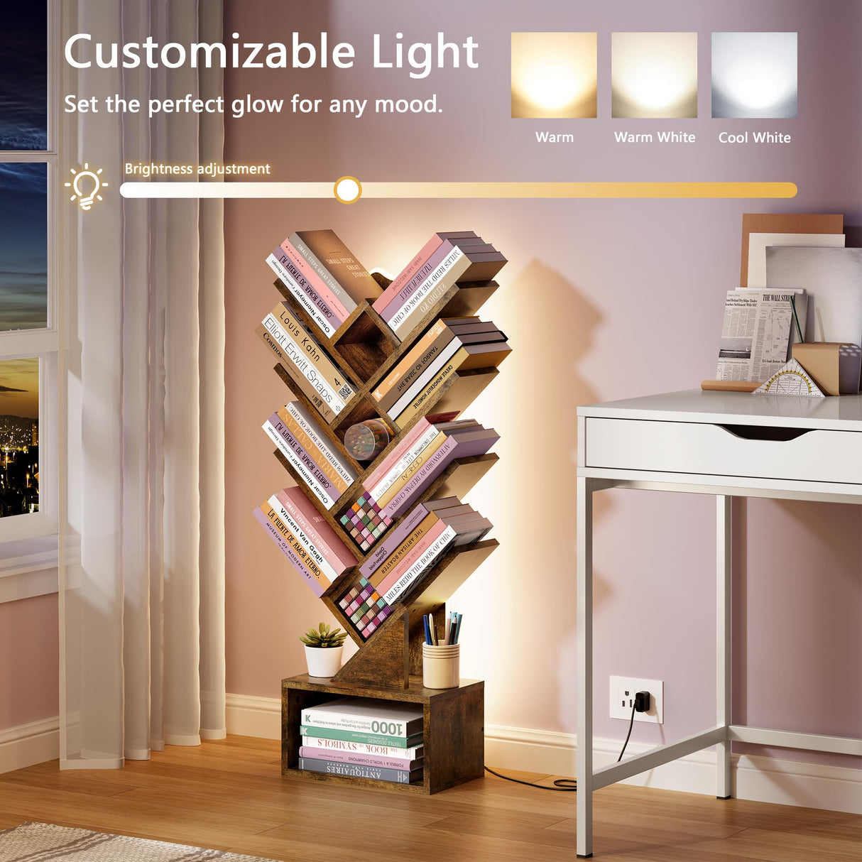 Gewudraw Tree Bookshelf with Lights LED, 4 Tier Book Shelf, Small Tree Bookcase with Storage Organizer,Floor Standing Corner Bookshelf for Bedroom, Living Room & Home Office, Rustic Brown Gewudraw